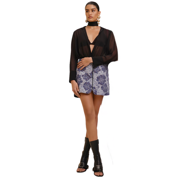 Saia jeans bordado floral - Morena Rosa