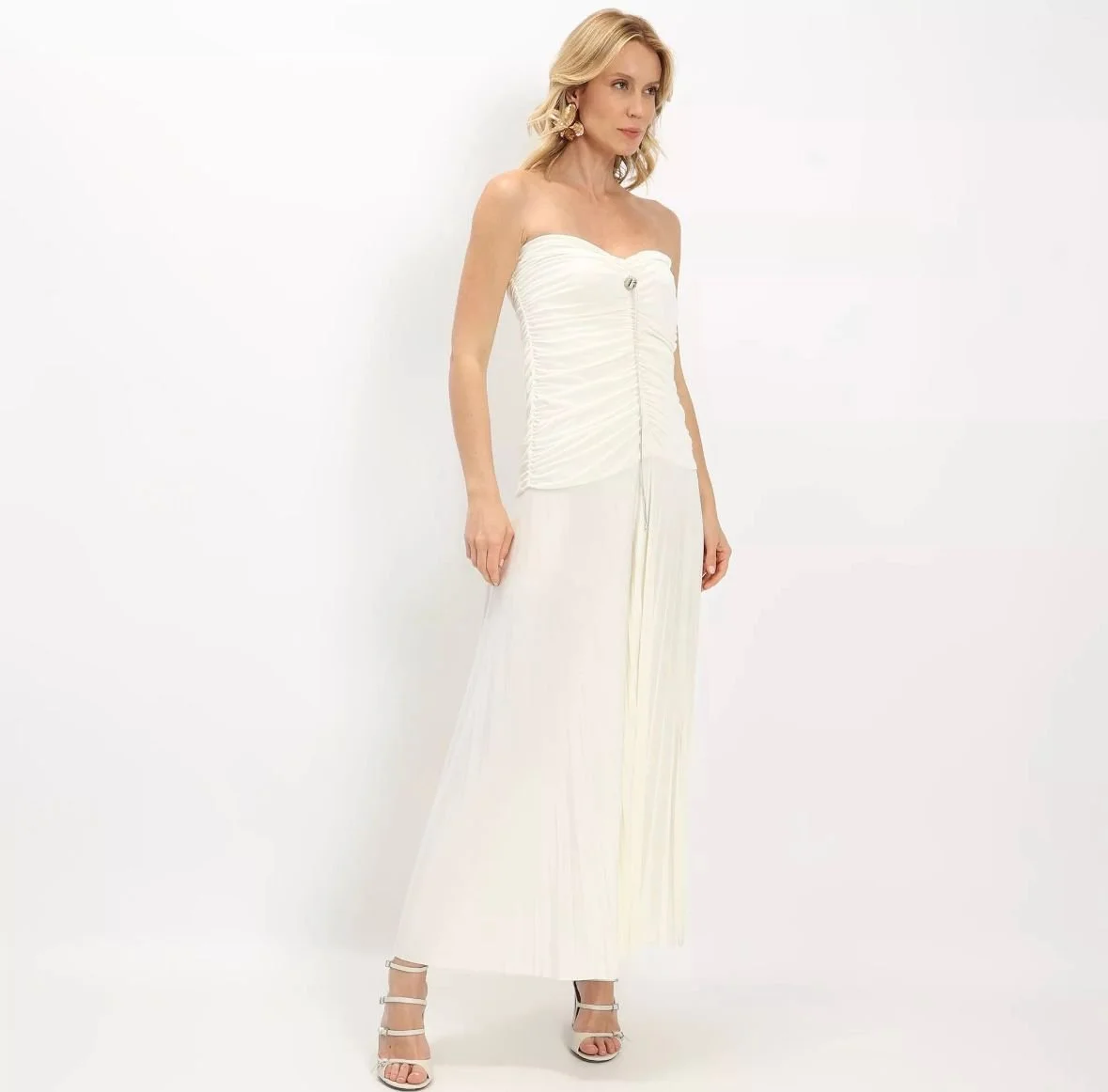 Vestido longo off-white com fenda - Morena Rosa