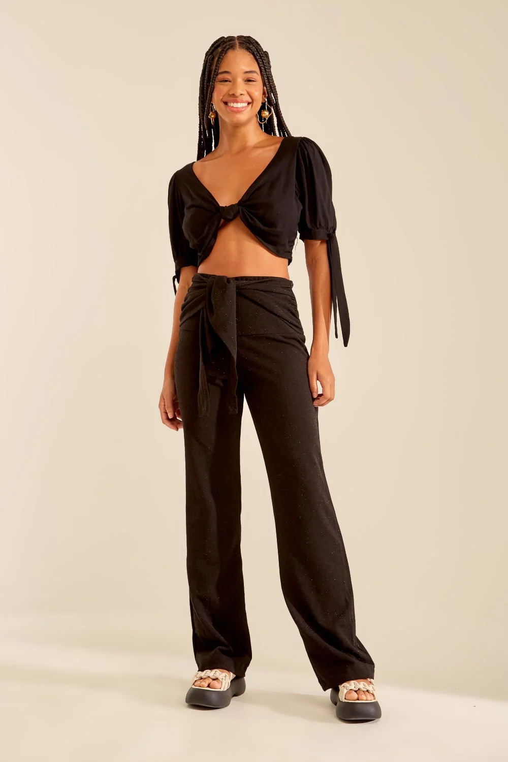 Calça preta amarração - Oh Boy