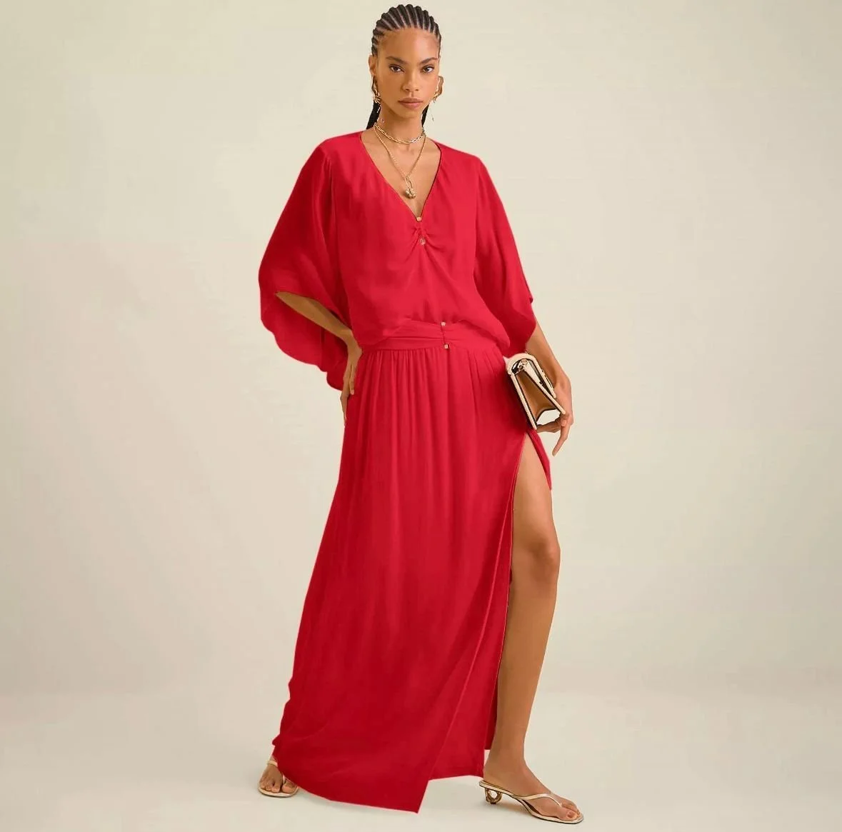 Saia Longa Vermelha com Fenda - Morena Rosa