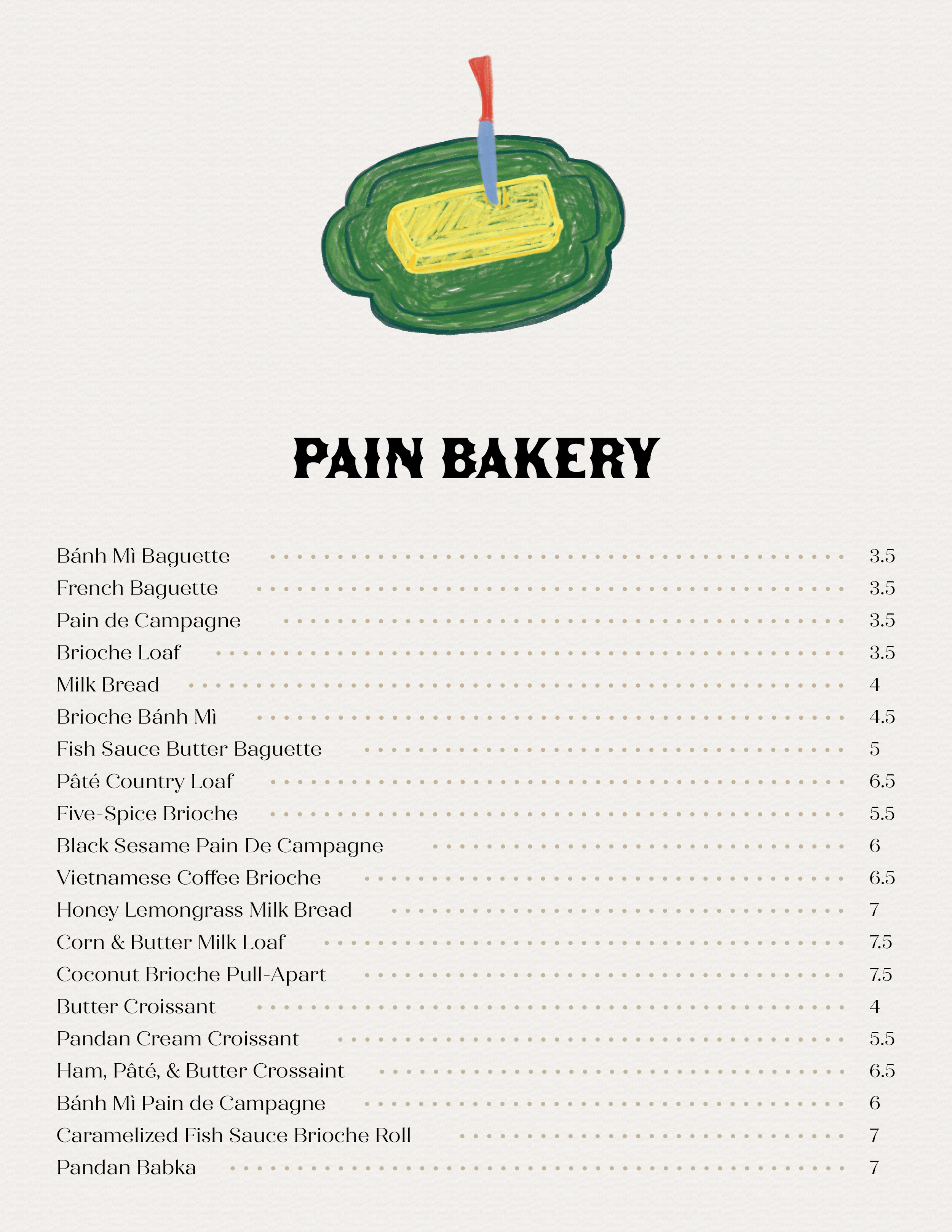Menu from a bakery called Pain Bakery featuring various bread and pastry options with prices.