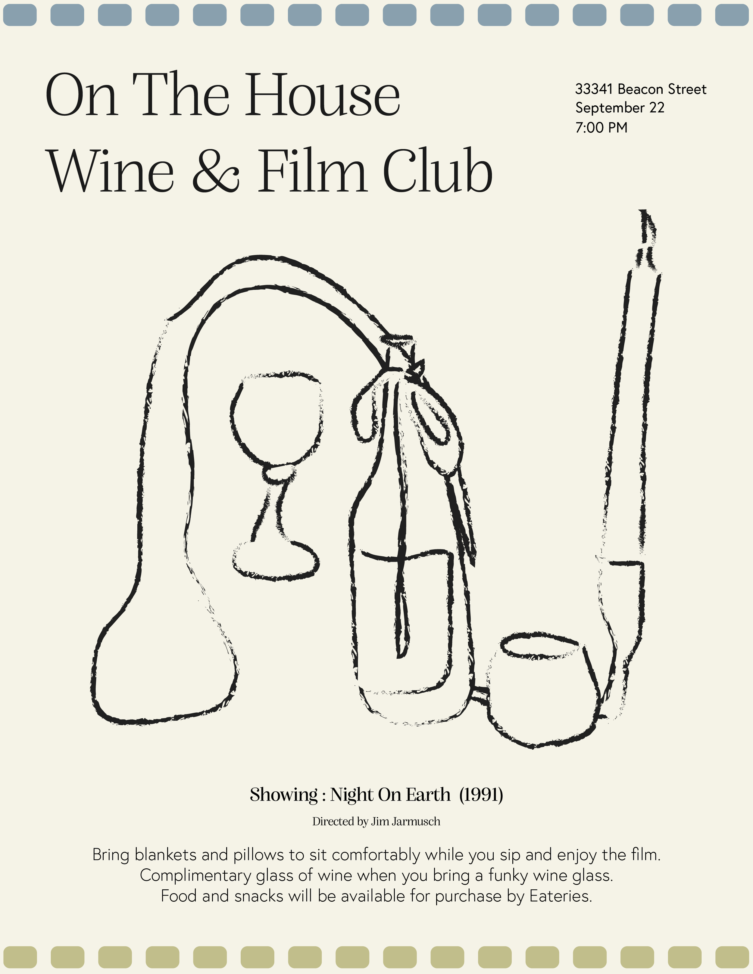 Event poster for On The House Wine & Film Club showing a minimalist line drawing of a wine glass, a bottle, and a candle on a beige background.
