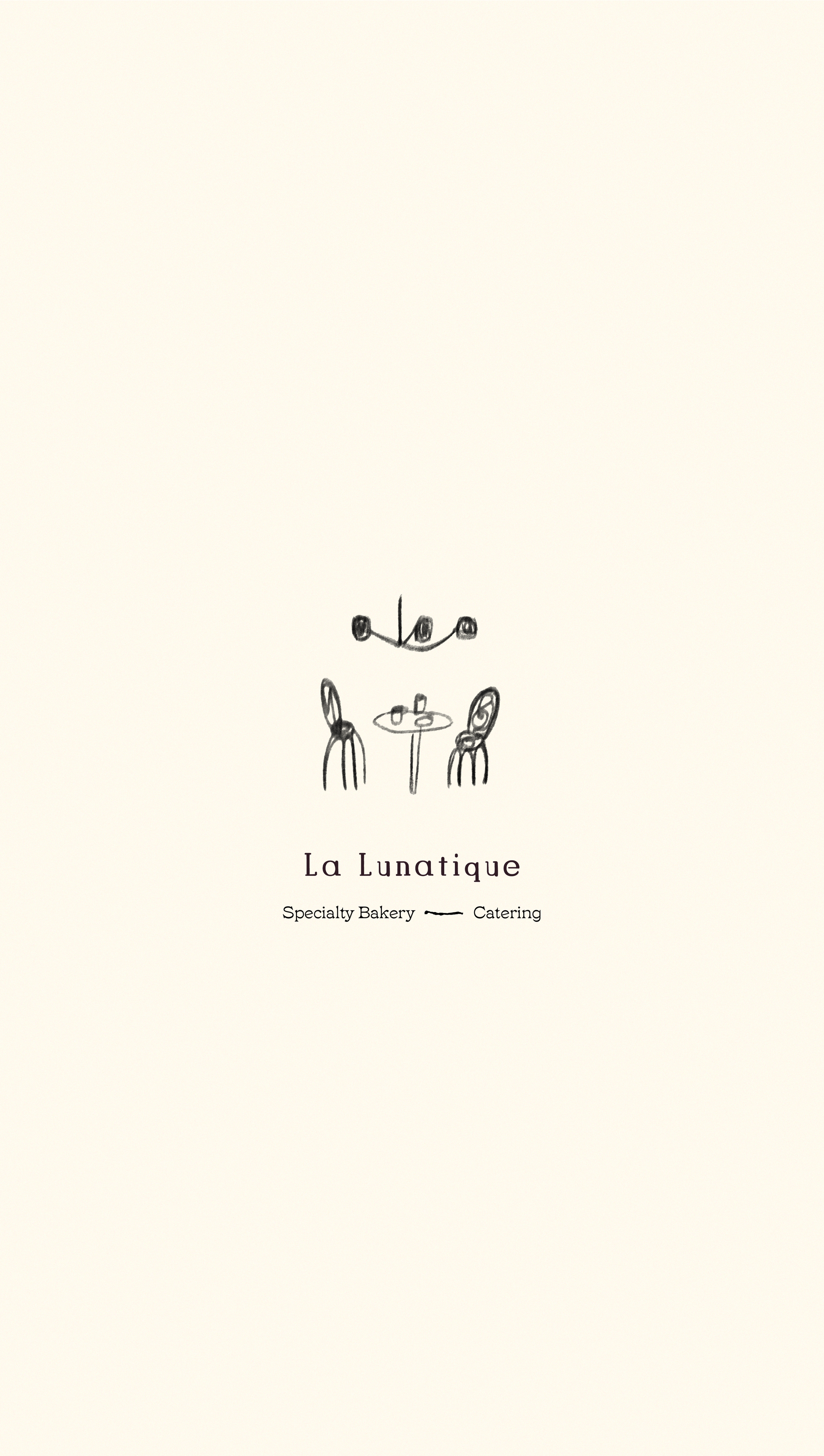 Logo for La Lunatique, a bakery and catering business, featuring a minimalist line drawing of a dining table with two chairs and a hanging chandelier.