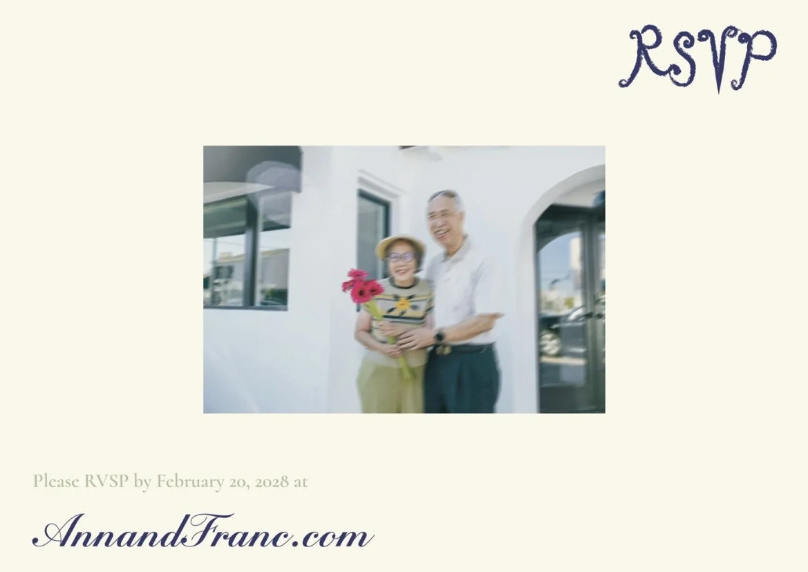 Invitation RSVP card with a photo of a smiling woman holding red flowers and a smiling man standing beside her, with the text 'RSVP' in the top right corner and a website link at the bottom.