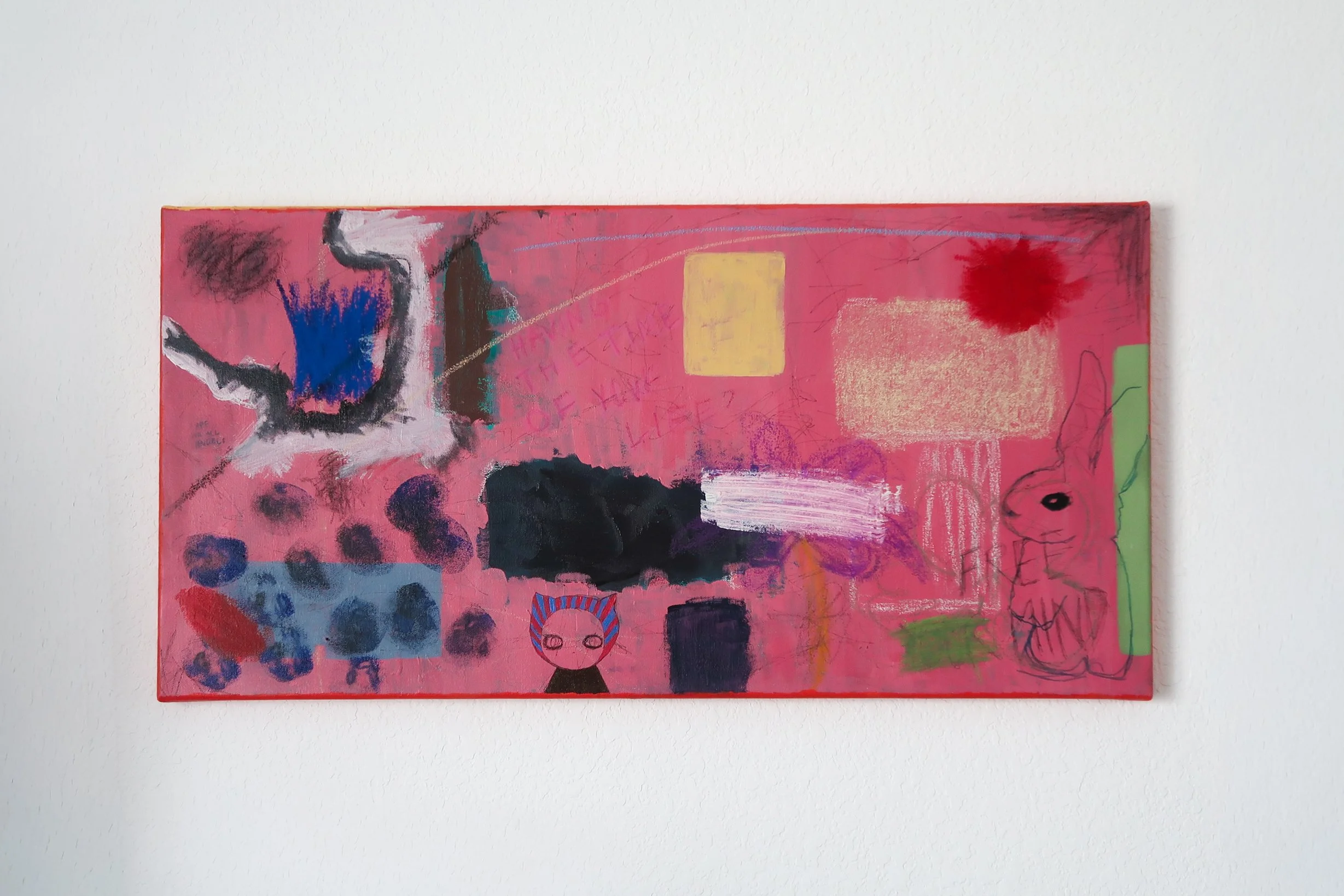 Colorful abstract mixed media art on canvas with various shapes, doodles, and figures on a pink background.