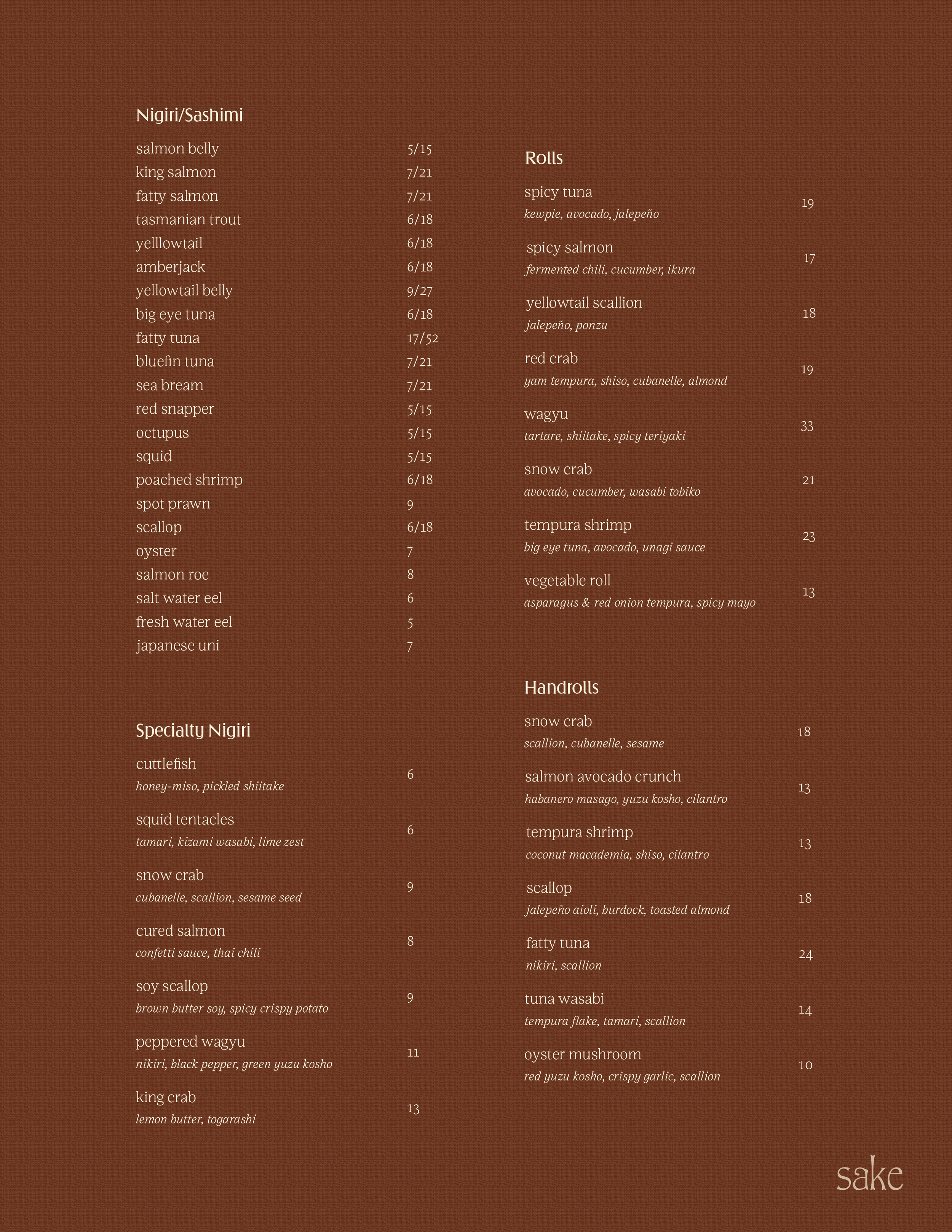 Menu with sections for Nigiri/Sashimi, Specialty Nigiri, Rolls, and Hand Rolls, featuring various sushi types with prices and descriptions on a brown background.