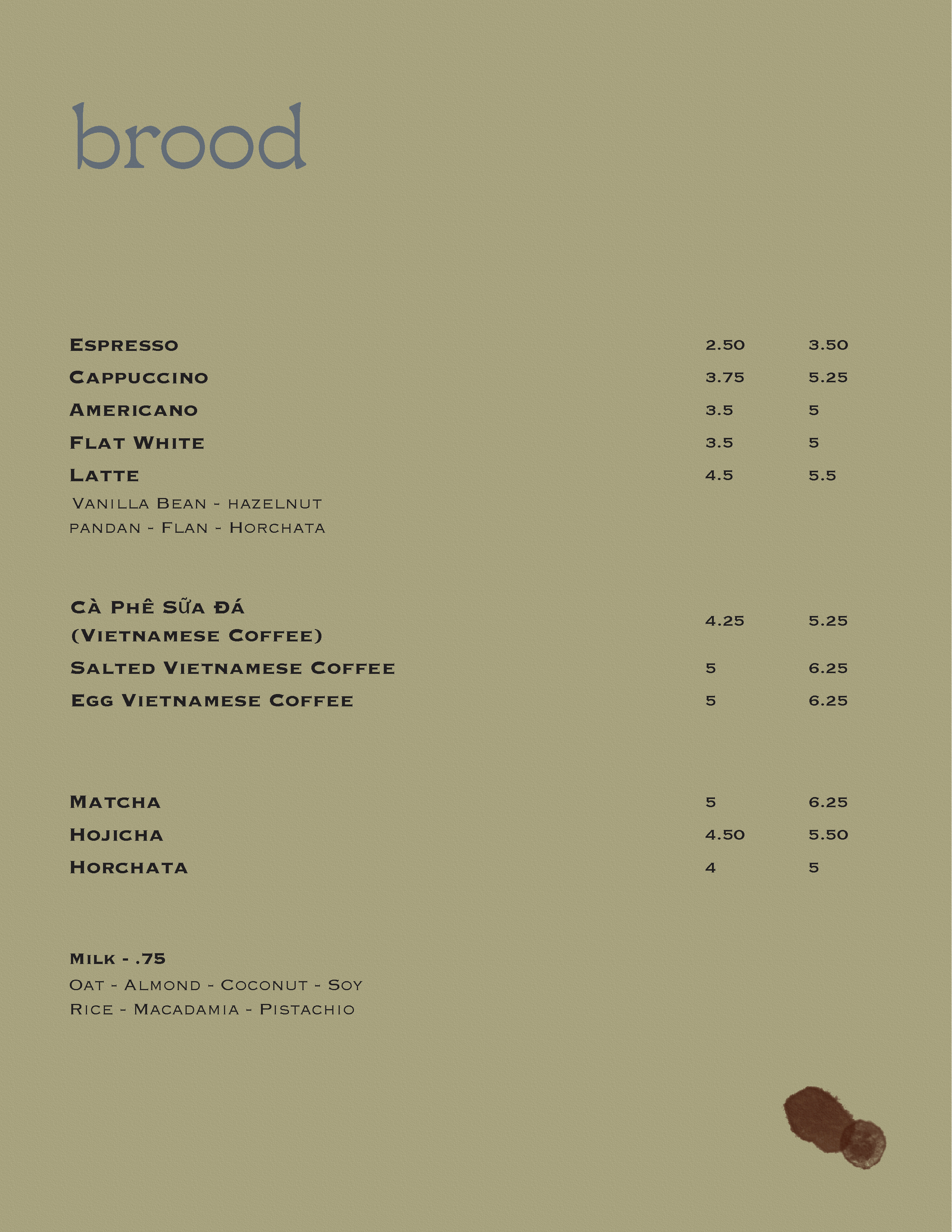 Menu with coffee options including espresso, cappuccino, Americano, flat white, latte with various flavors, Vietnamese coffee, matcha, hojicha, and horchata, alongside milk choices and descriptions.