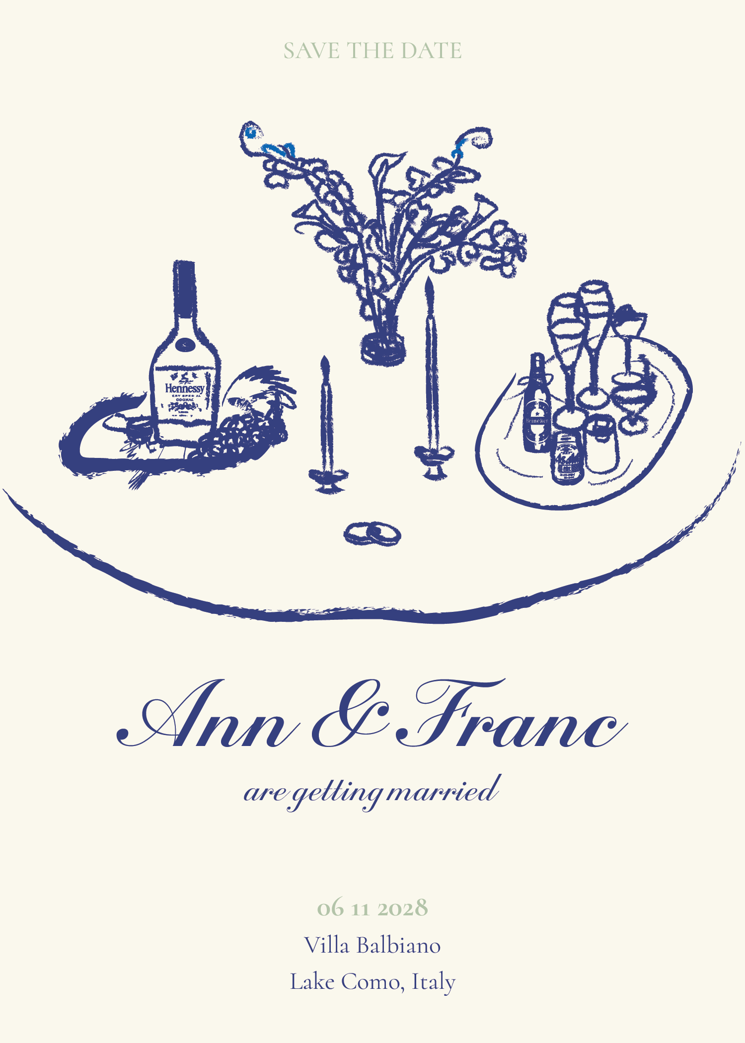 Wedding save the date card with a hand-drawn illustration of a table setting, including a bottle of Hennessy, candles, glasses, and a tray of drinks, with text announcing the wedding of Ann and Franc on November 6, 2028, at Villa Balbiano, Lake Como, Italy.