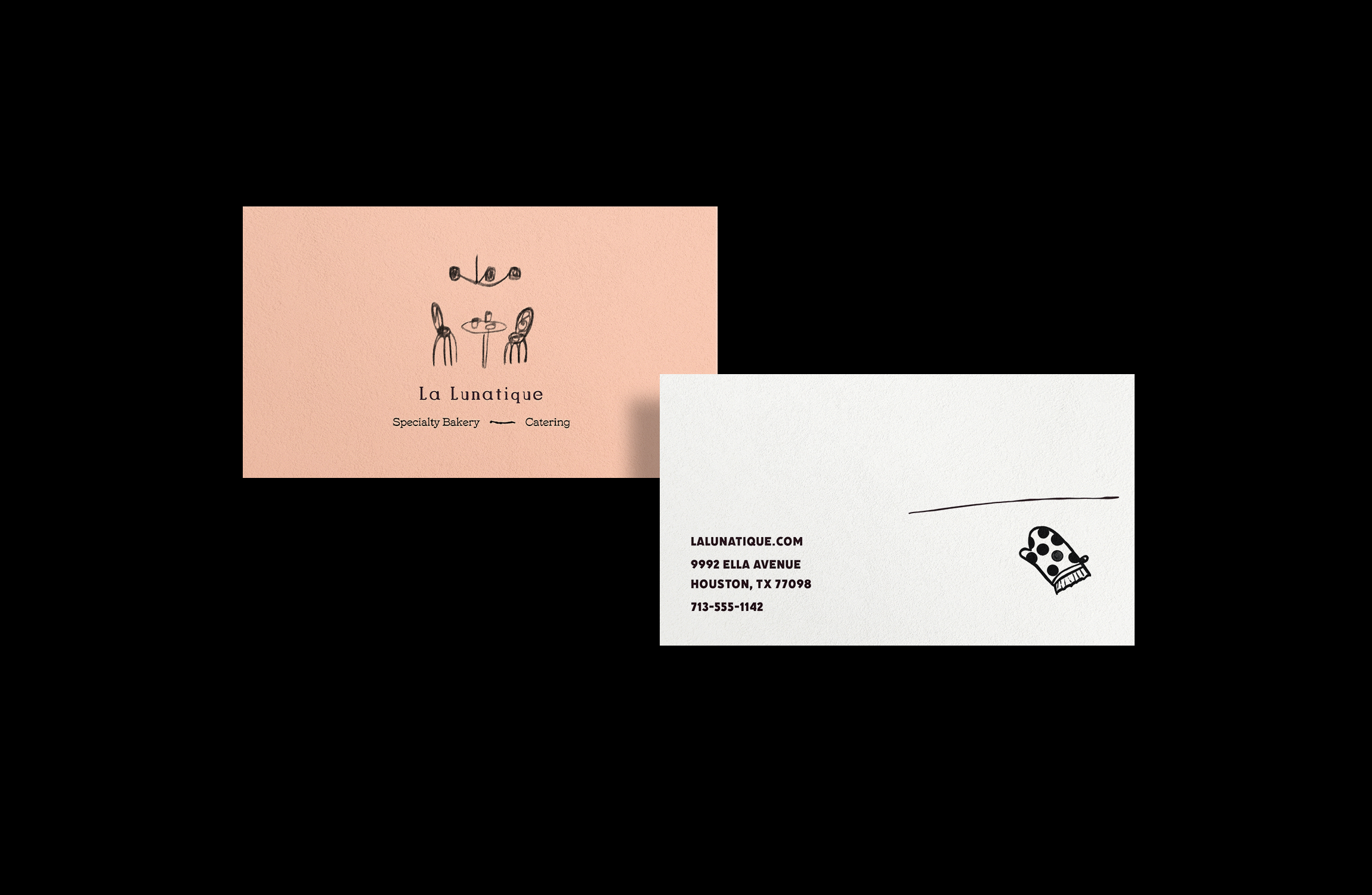 Business cards for La Lunatique bakery with a pink card featuring a line drawing of three people at a table and text, and a white card with an address, phone number, and a mitt illustration.