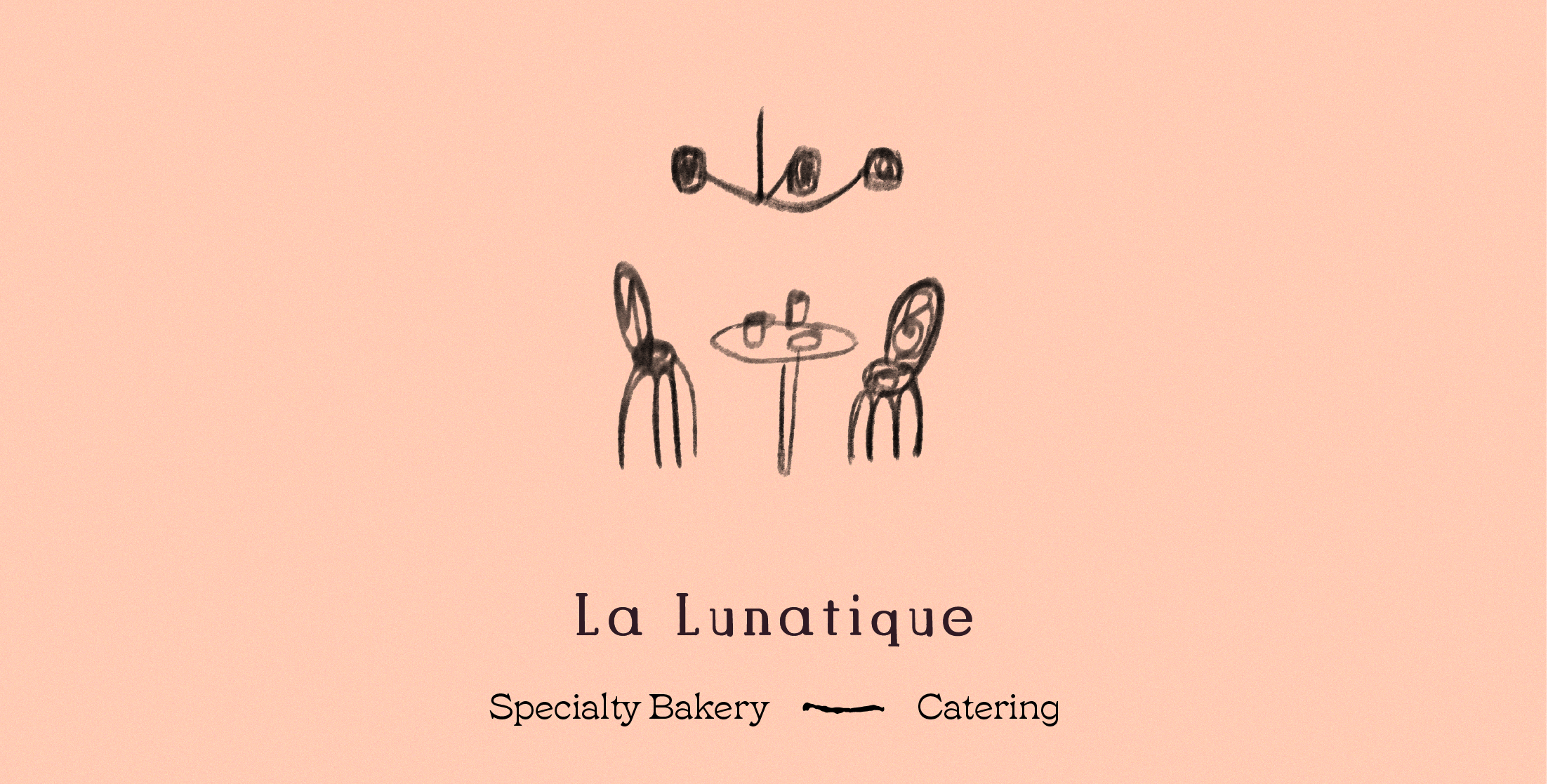 Hand-drawn illustration of a small bakery and cafe with a sign reading 'La Lunatique', featuring a table with two chairs, a hanging light fixture, and decorative items on the table, all set against a peach-colored background.