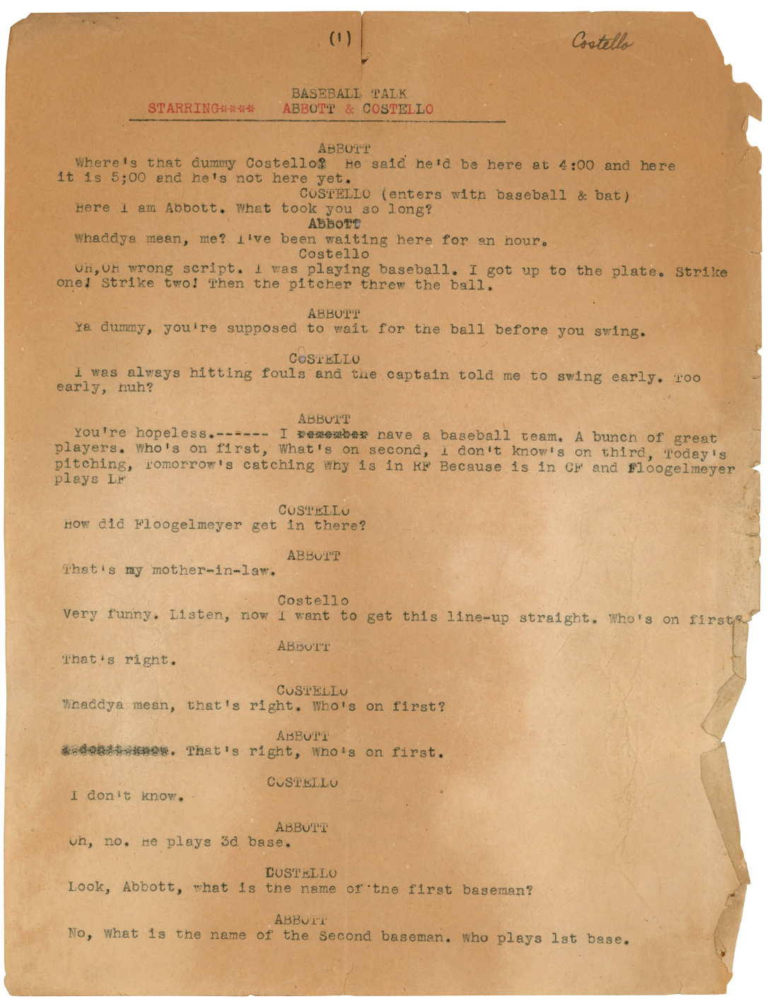 “Who’s On First?” Abbott And Costello Earliest Existing Script