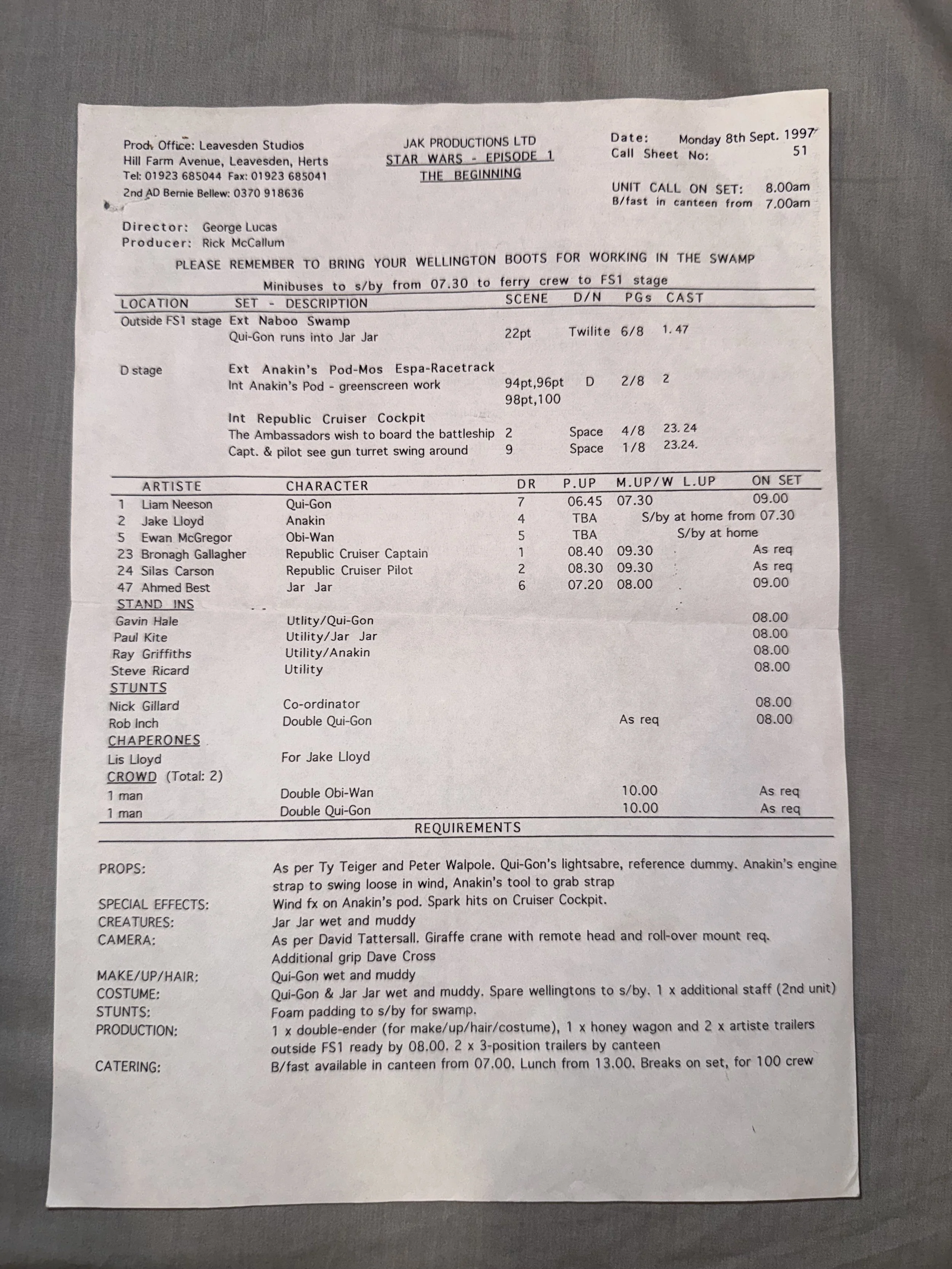 Star Wars Episode 1 Call Sheet