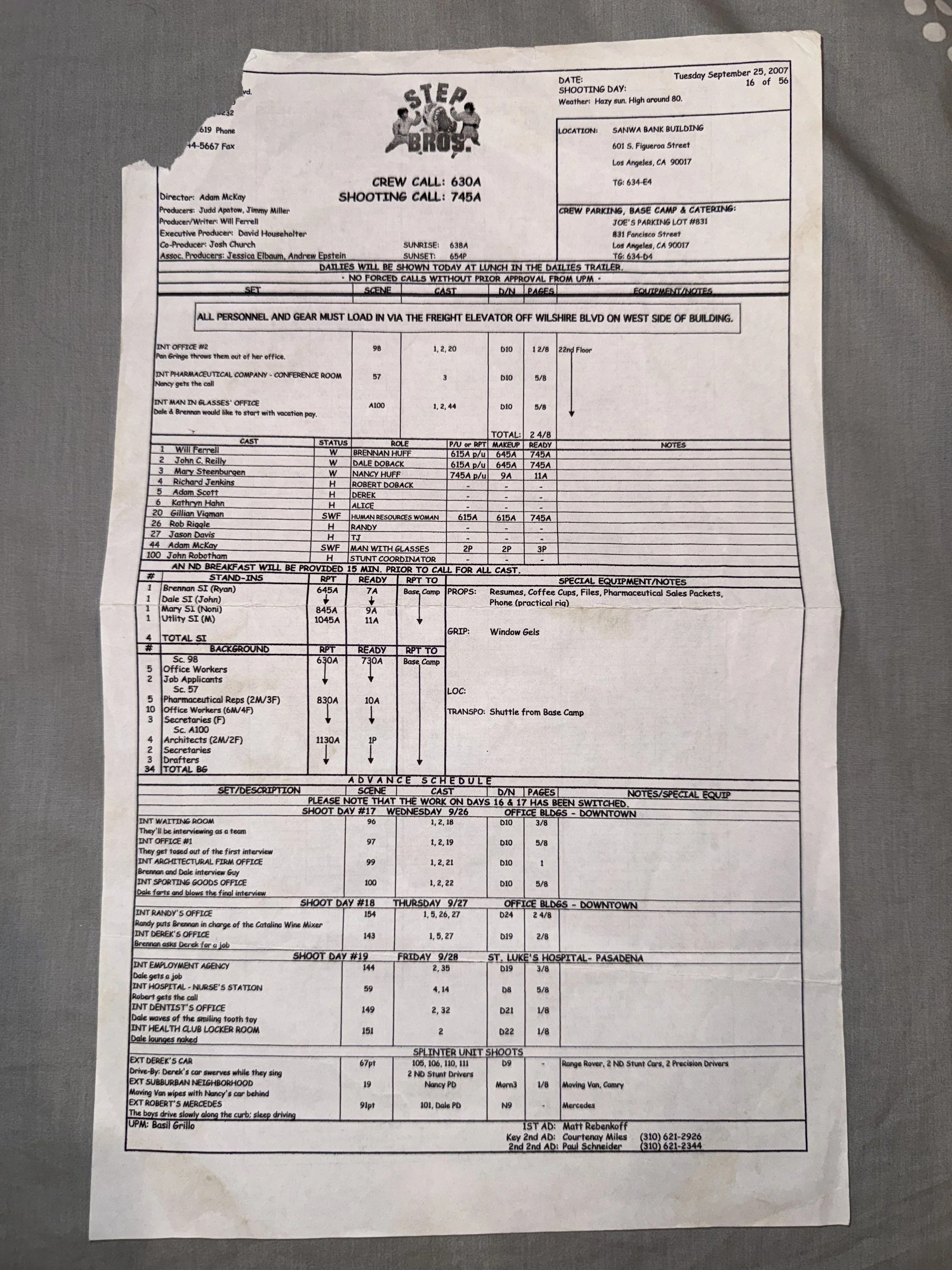 Step Brothers Call Sheet