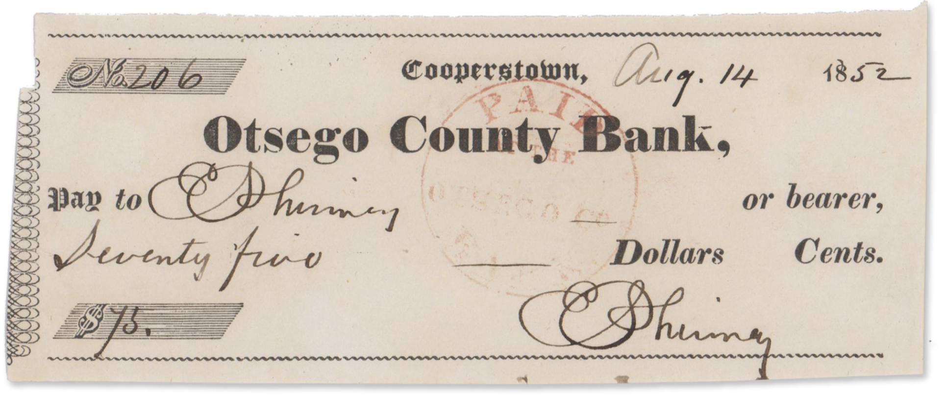 Signed Check From the Man Who Owned the Field Where Baseball Was Born