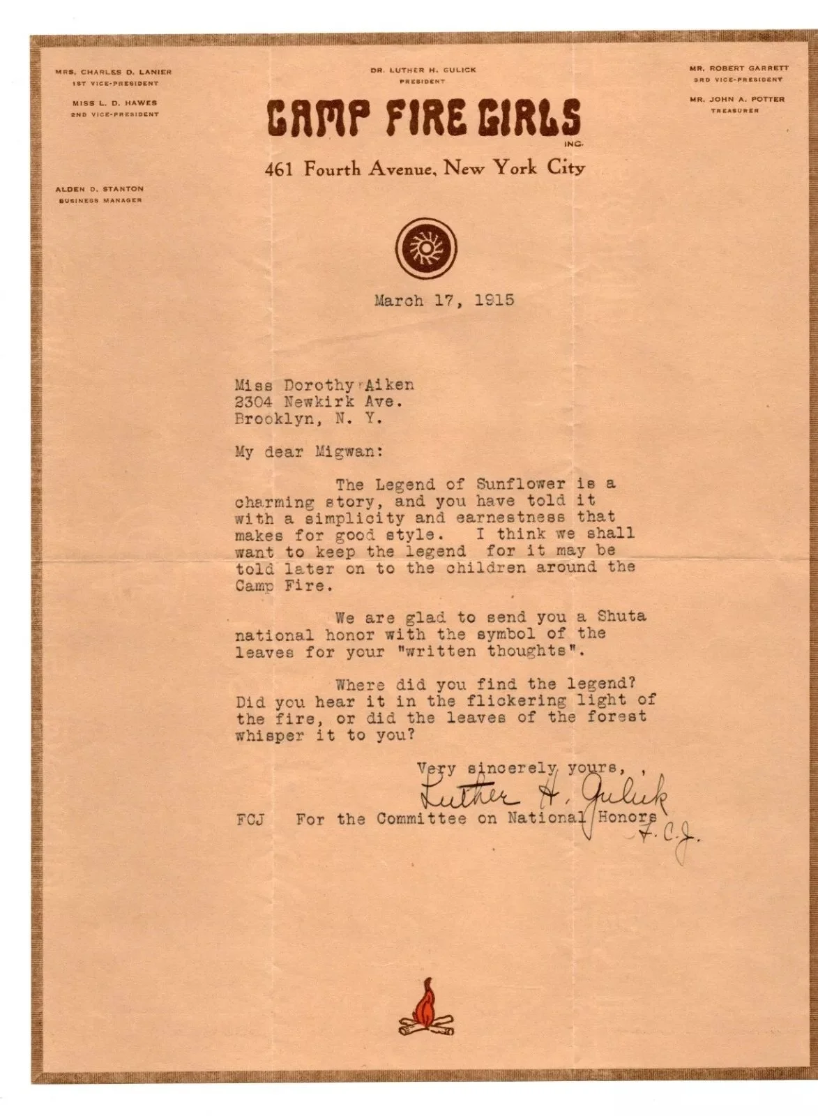 Signed Letter from Luther Halsey Gulick