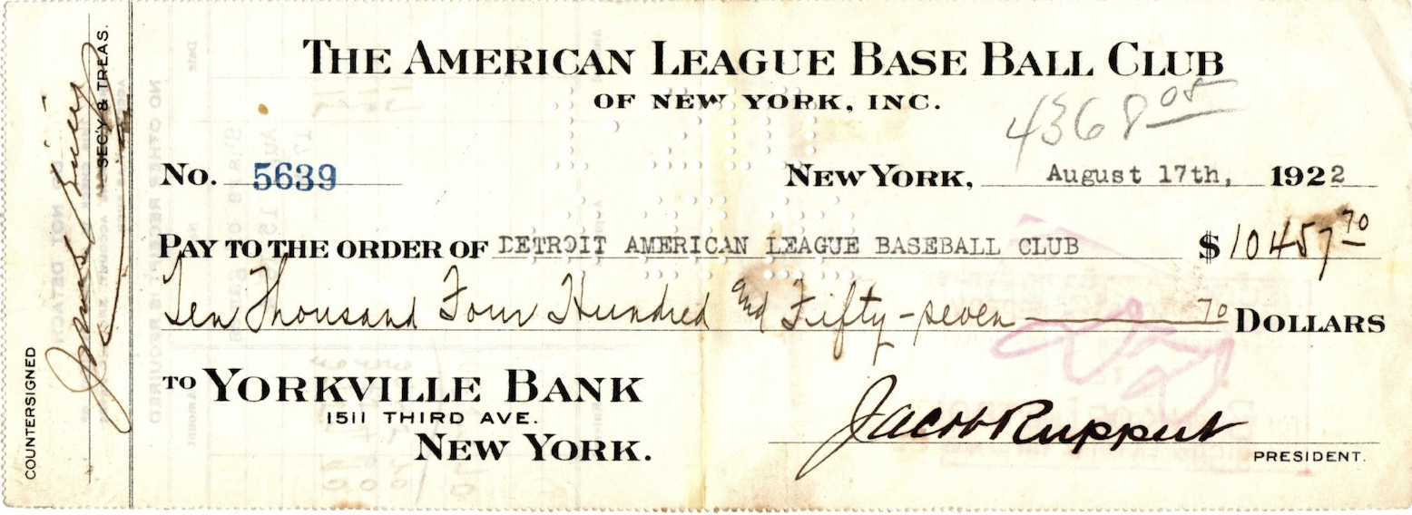 Jacob Ruppert (Yankees Owner) Signed Revenue-Sharing Check