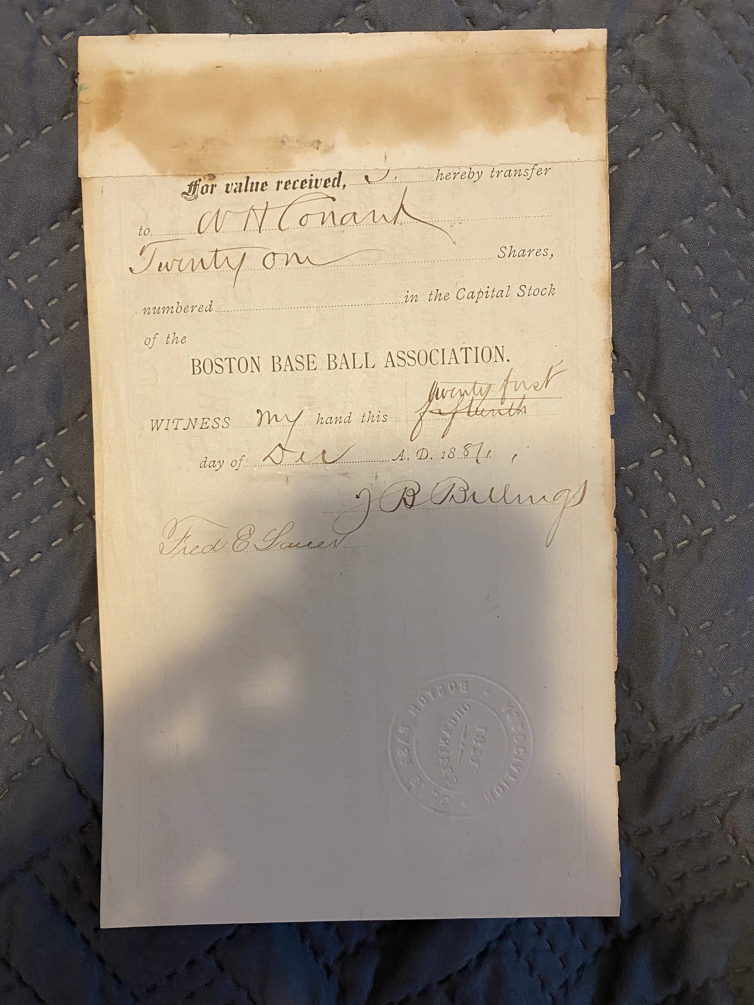 1881 Boston Baseball Club Stock Certificate Signed By Arthur Soden - Back.jpeg