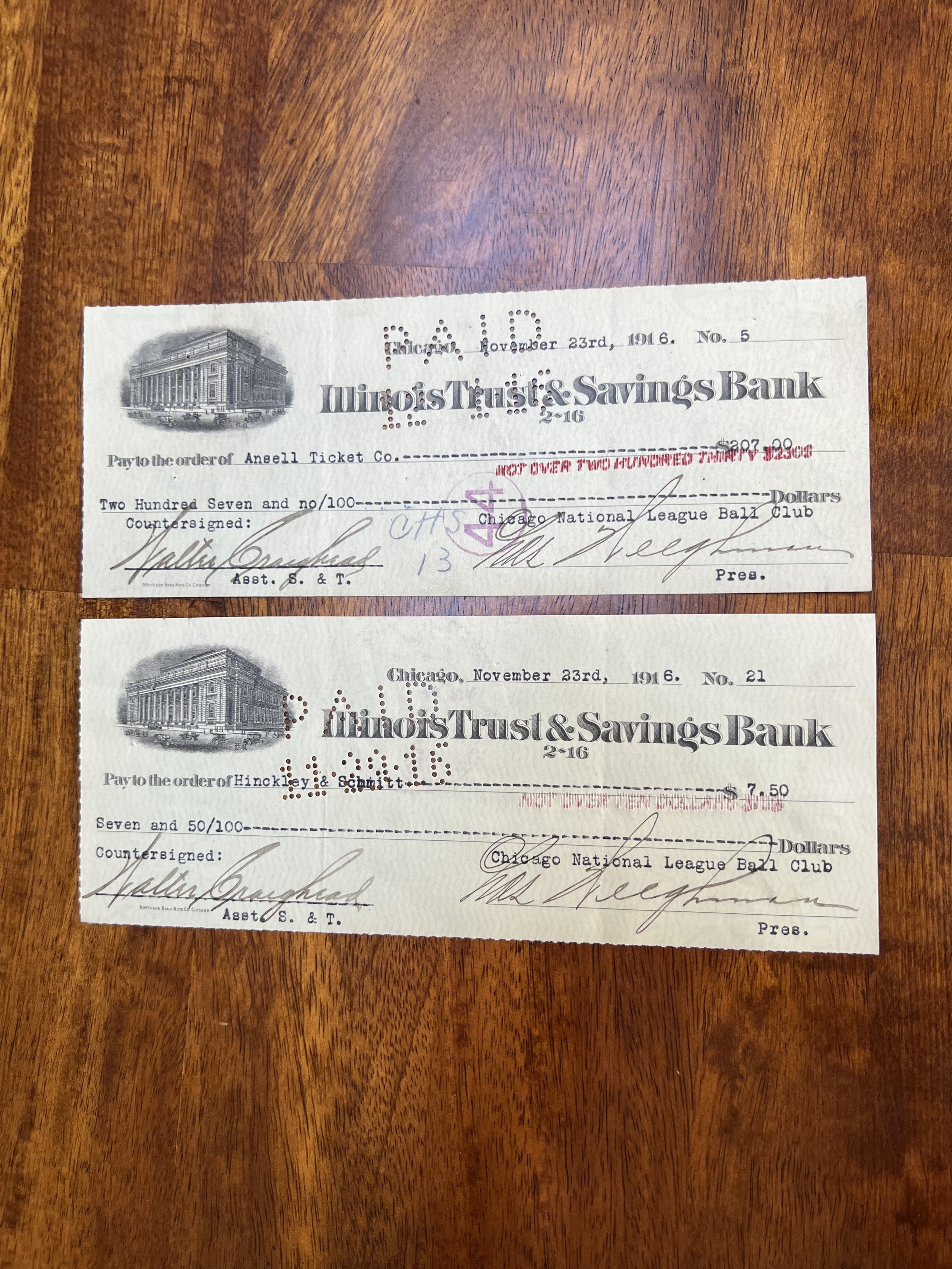 1916 Chicago Cubs Checks (Front).jpeg