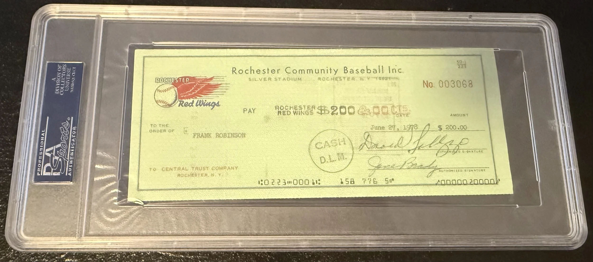 Frank Robinson Signed Payroll Check, Rochester Red Wings, 1978