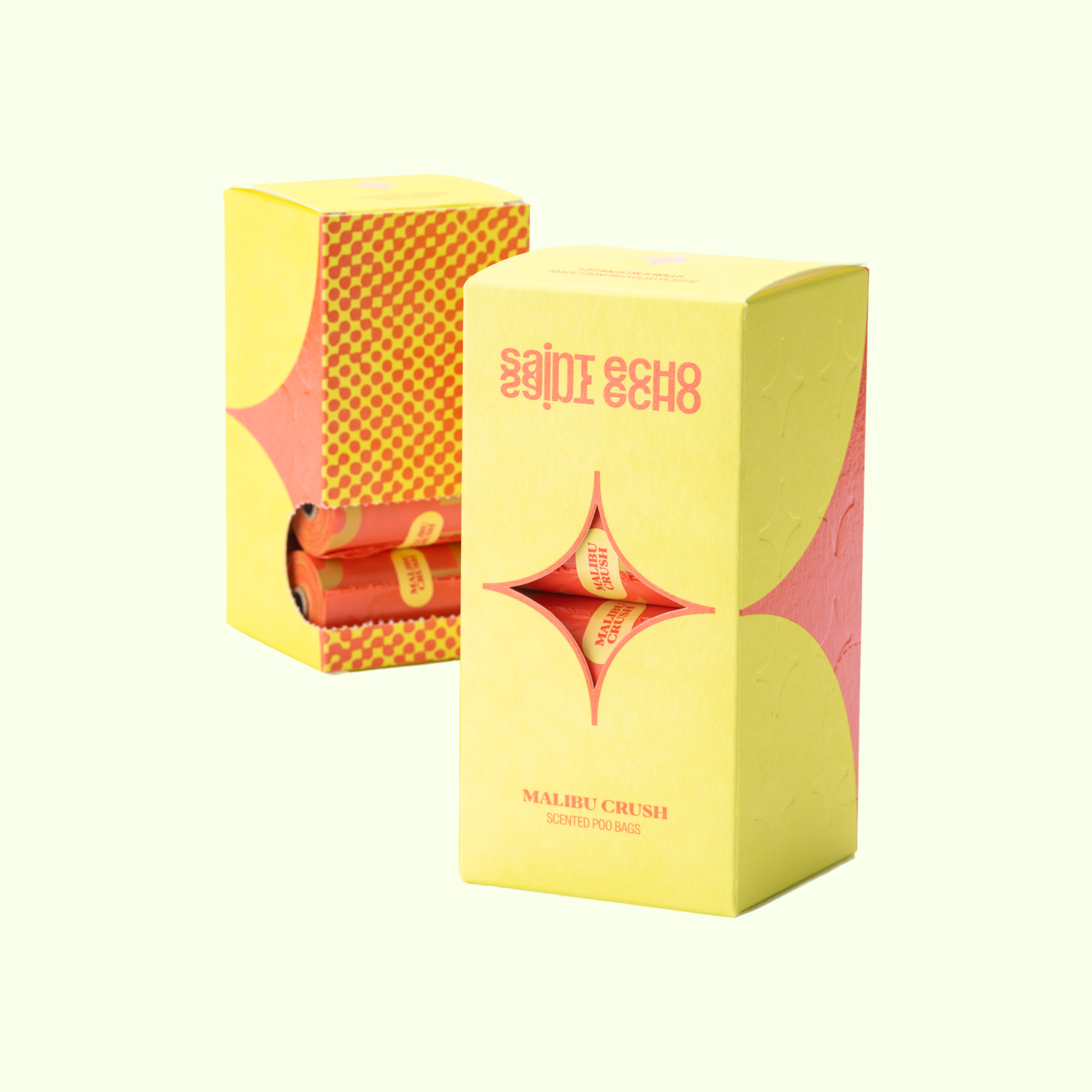 Malibu Crush scented dog poo bag box displaying multiple bag rolls.
