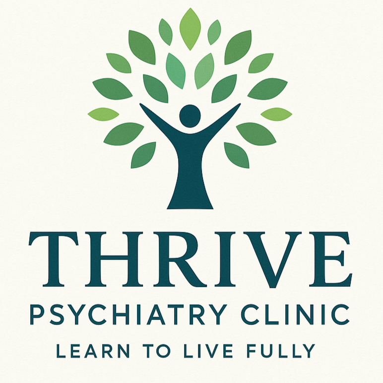 A logo for Thrive Psychiatry Clinic featuring a person with arms raised inside a stylized tree with green leaves. The text reads: 'THRIVE PSYCHIATRY CLINIC' and 'LEARN TO LIVE FULLY'.
