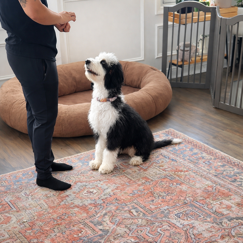 In-home dog training session focused on calm behavior and foundational skills