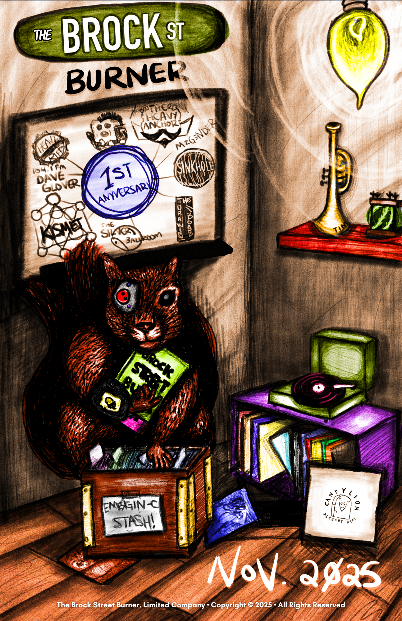 The November cover for the Brock Street Burner, hand drawn by me.