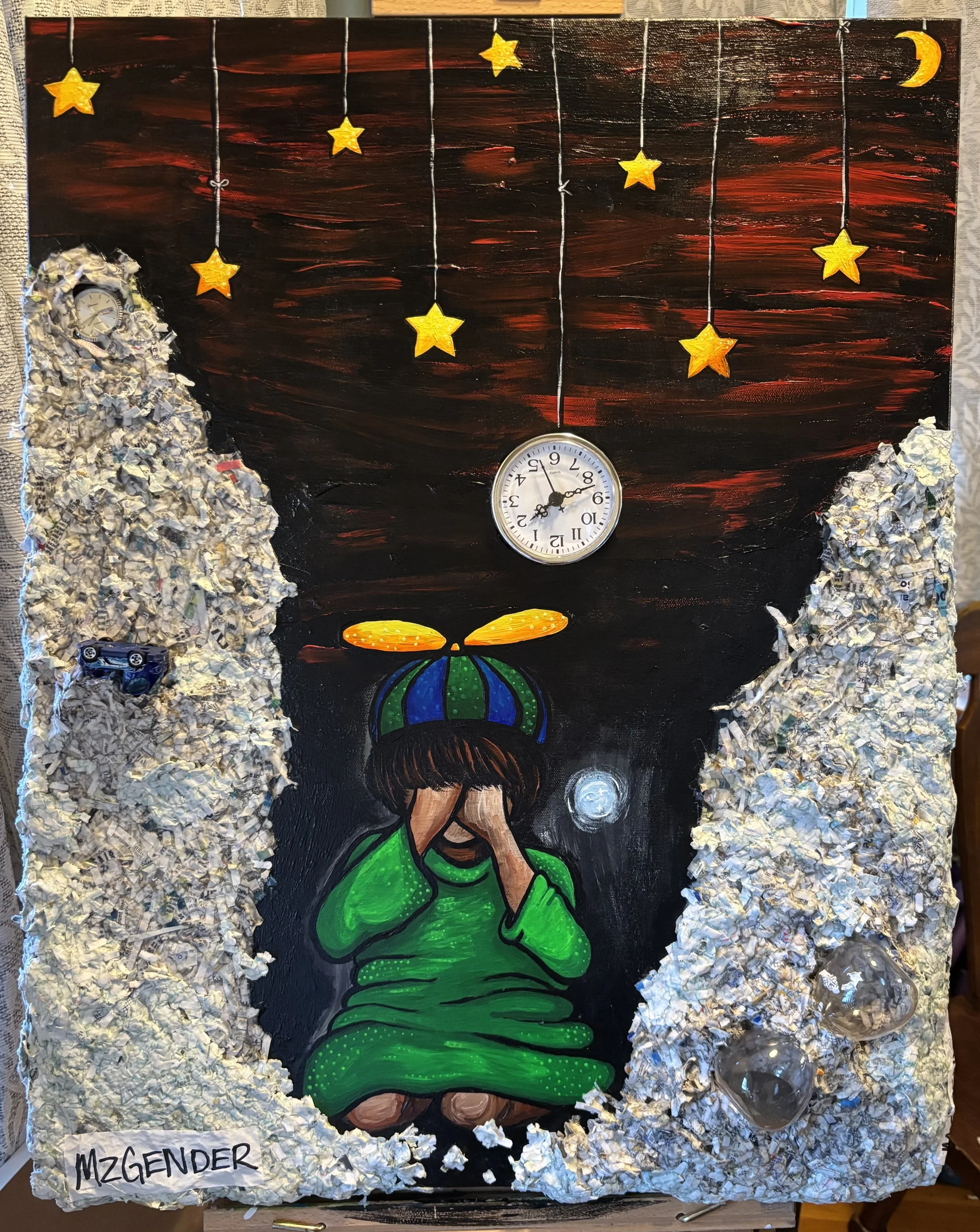 THE CHILD: 22x28x2 Mixed Media (acrylic & paper mache with 3D inclusions) The main clock actually works (and ticks!)