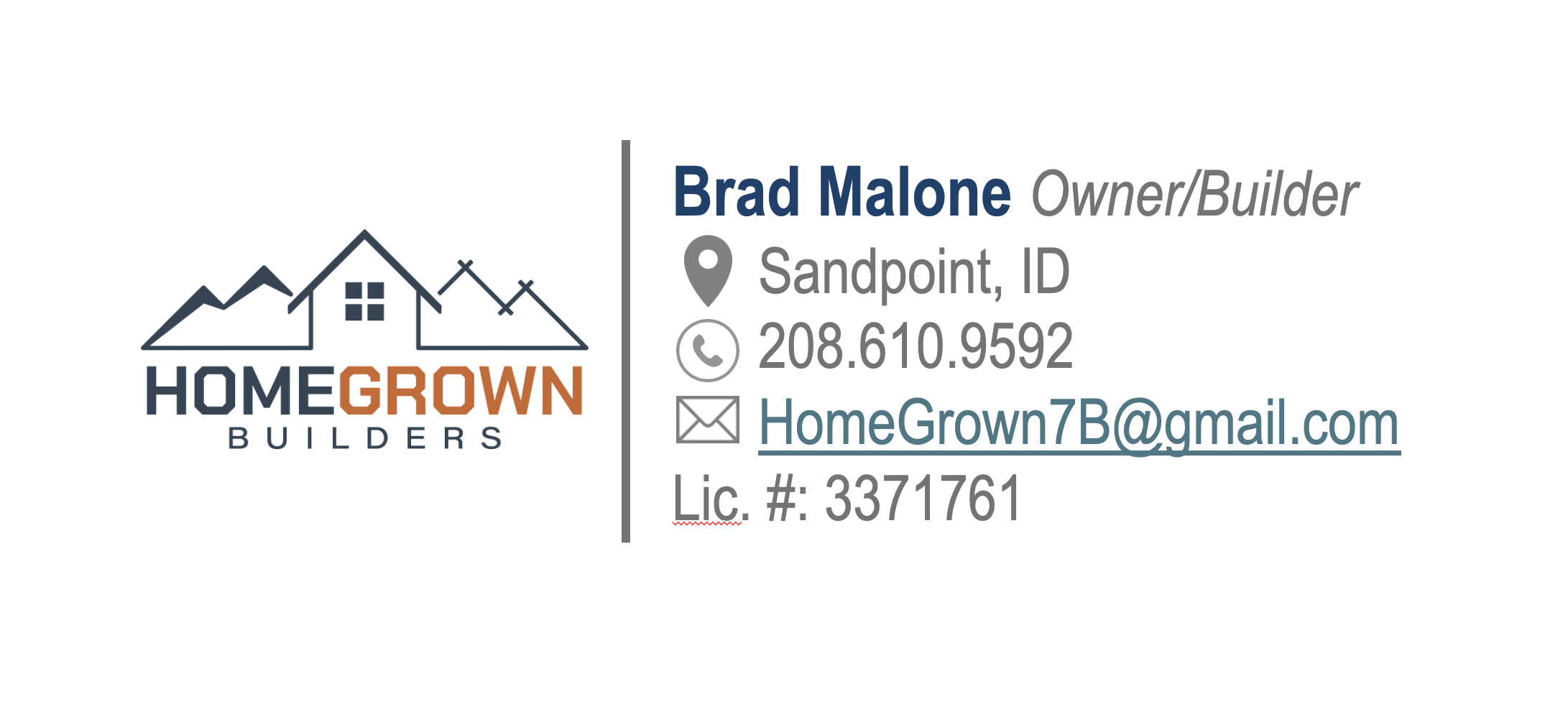 Business card for Home Grown Builders featuring a house outline logo, contact details, and a license number.