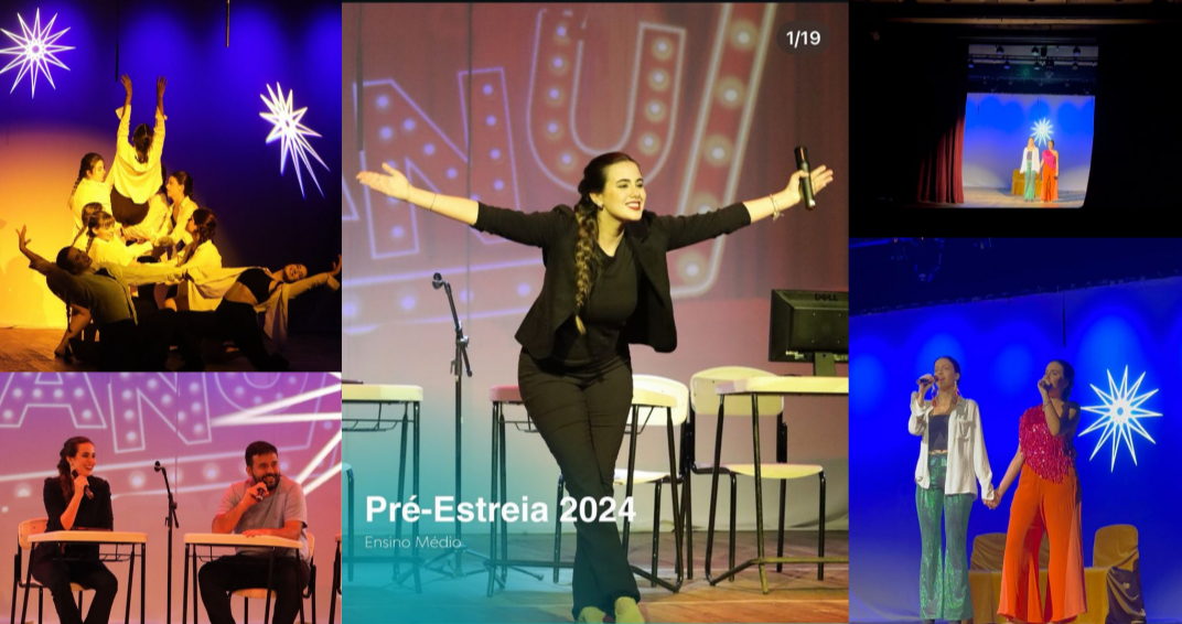 Montagem de várias fotos de uma apresentação teatral e de um show, com atores e cantores no palco, incluindo uma mulher abraçando um rapaz, outra mulher com microfone, e grupos de pessoas jovens, com fundo de luzes e cenário de palco. Texto na imagem: 'Pré-Estreia 2024 Ensino Médio'.