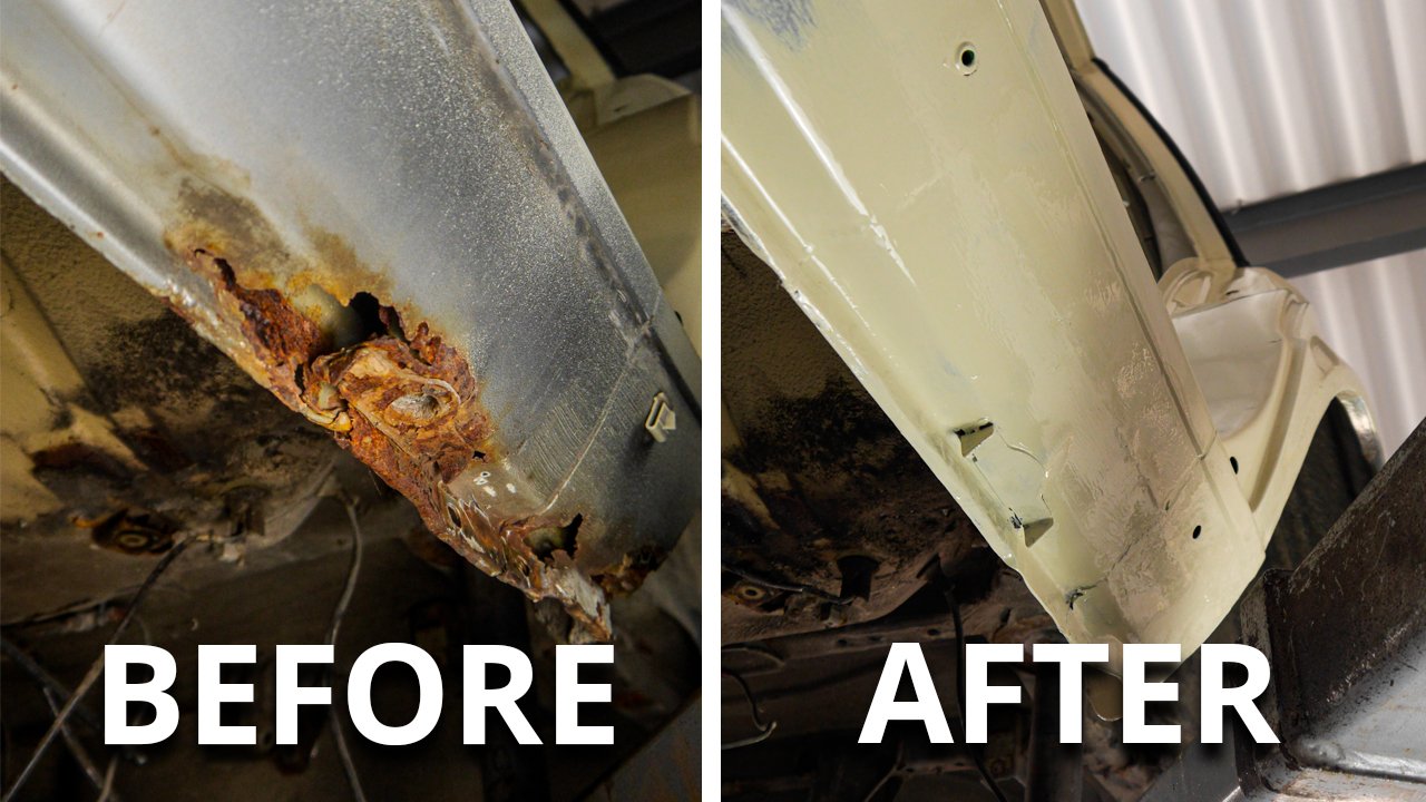 Comparison of a rusty, corroded car underbody on the left and a cleaned, painted car underbody on the right.