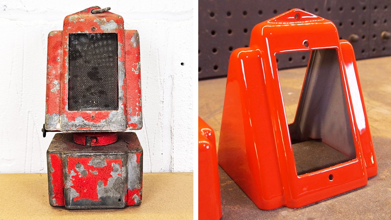 Comparison of two vintage parking meters, one is rusted and worn, the other is newer and shiny with a bright red color.