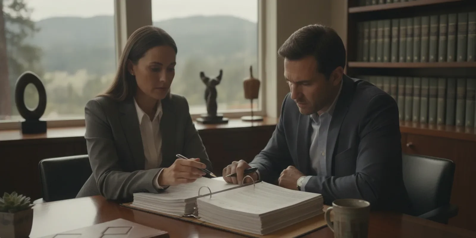 Attorney and client reviewing court papers at a desk
