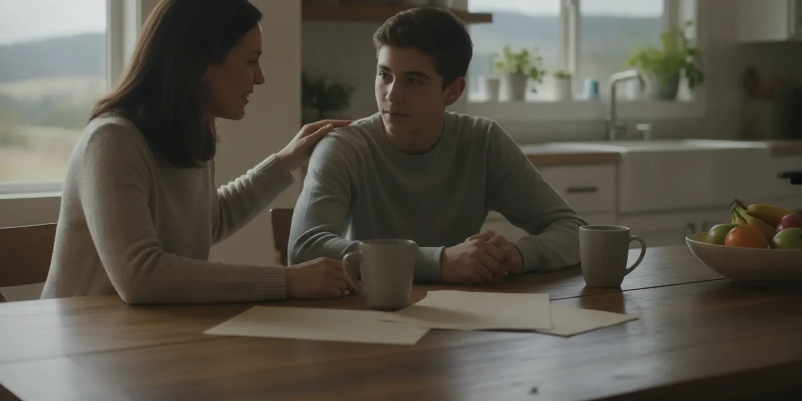 Parent and teenager reviewing papers calmly at a kitchen table