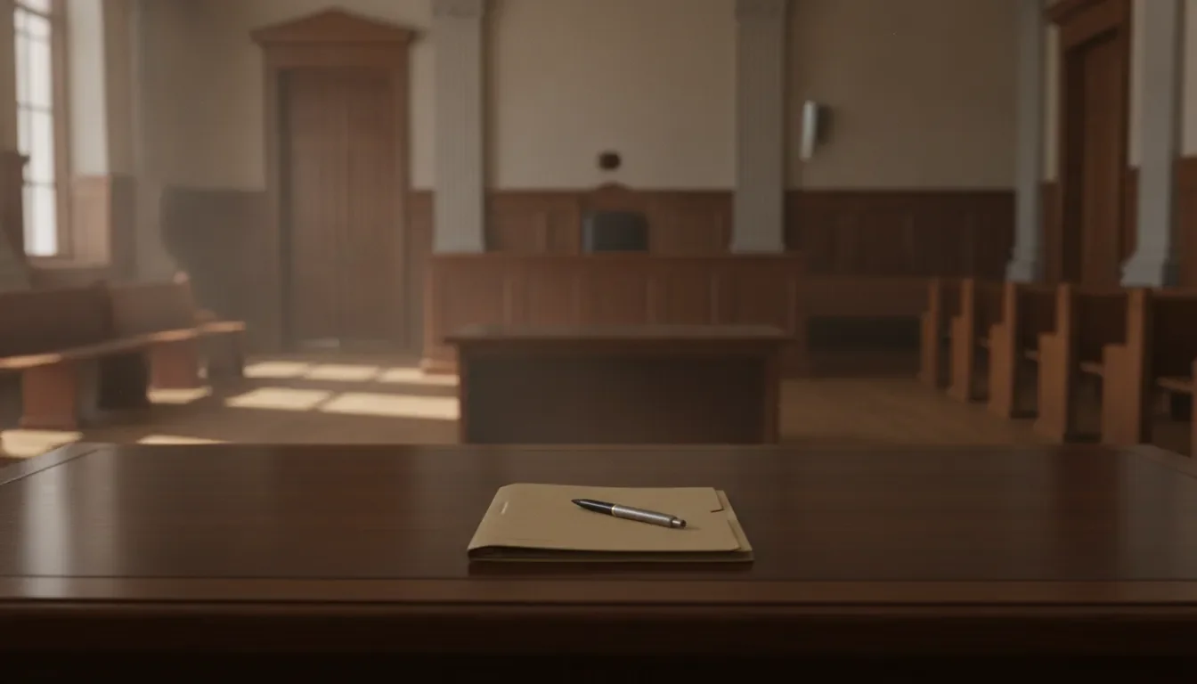 Empty California courtroom counsel table prepared before a restraining order hearing