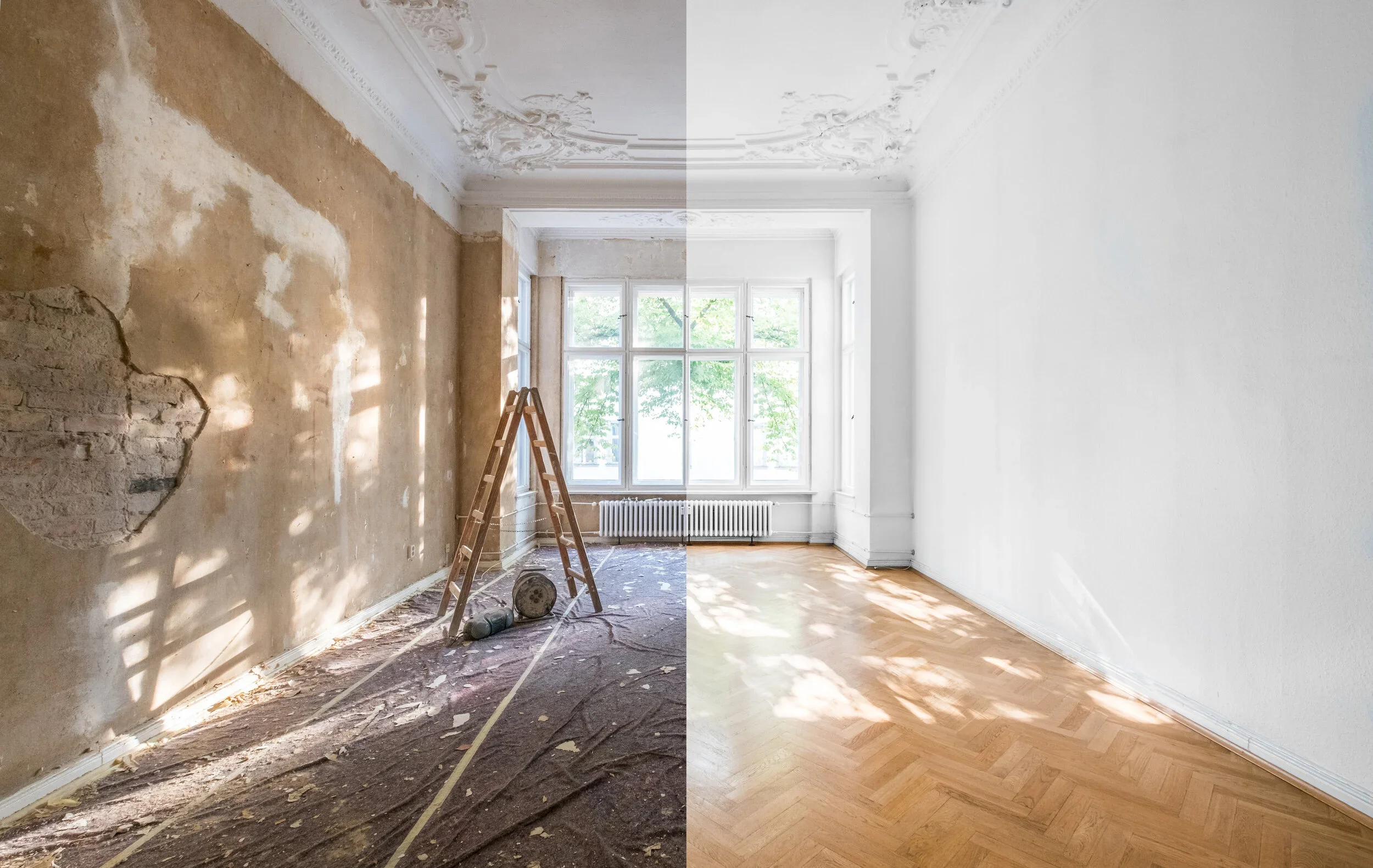 A room shown in two states: on the left, a wall is under renovation with peeling paint and a ladder; on the right, a clean white wall and finished wooden floor with sunlight coming through the windows.