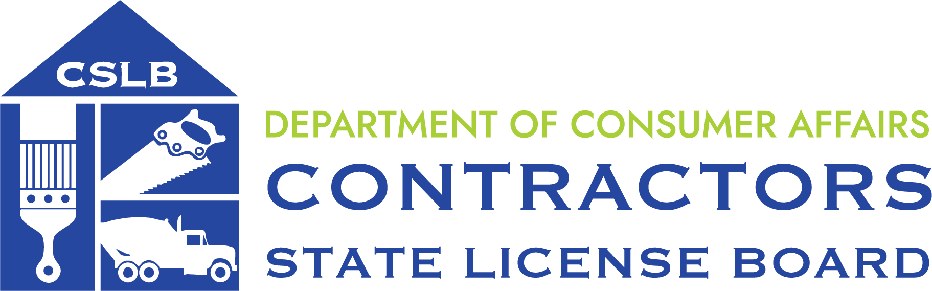 Logo of the California State License Board Contractors department with symbols of a house with a saw, a paint roller, and a vehicle.