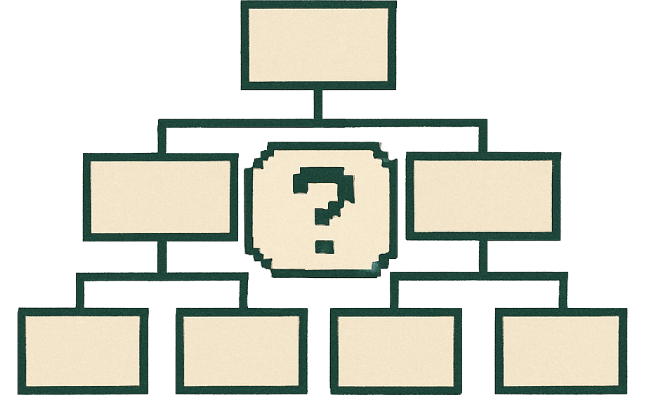 A pixelated image of a question mark in the center surrounded by empty blank boxes, resembling a level selection screen from a video game.