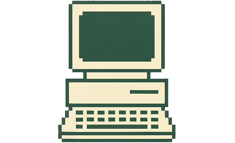 Pixelated illustration of an old computer with a monitor, keyboard, and central processing unit in green and beige colors.