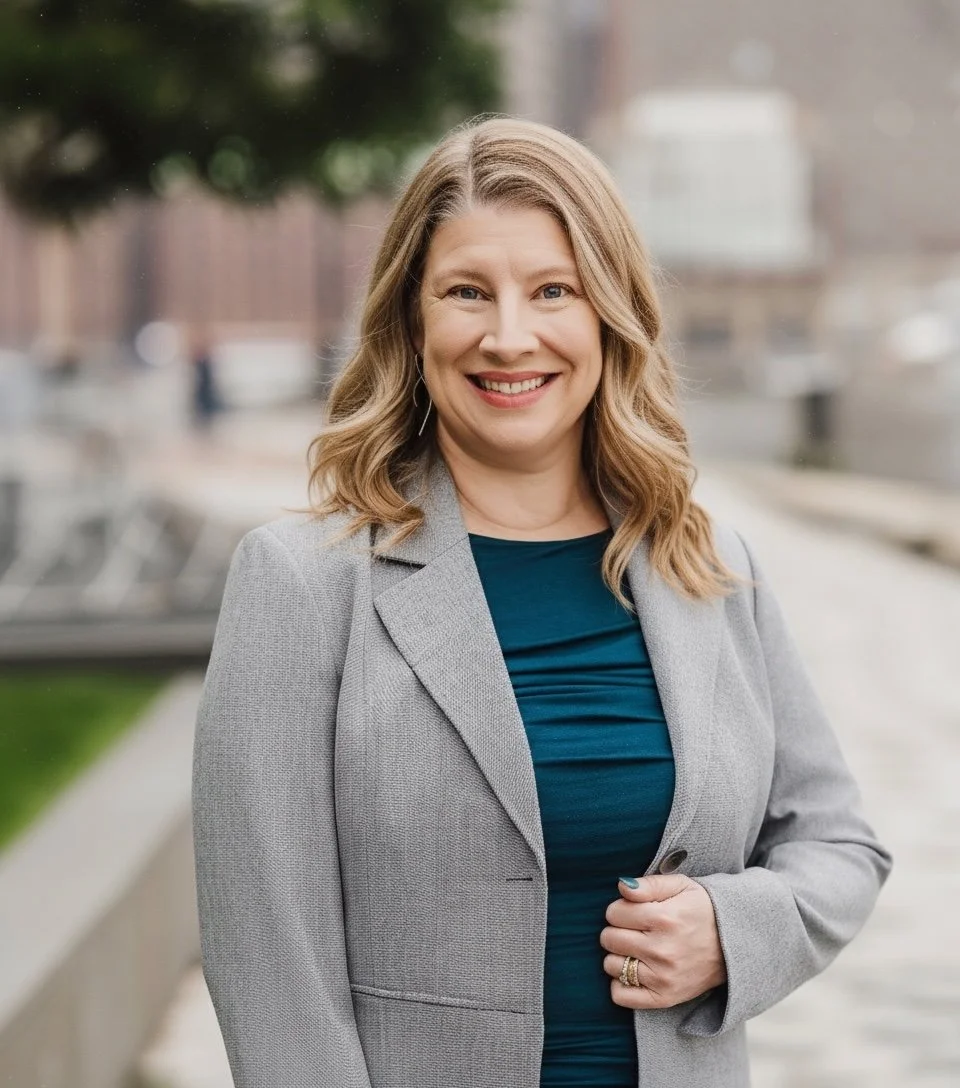 A smiling woman in a gray blazer and teal top standing outdoors, with blurred background of trees and buildings.