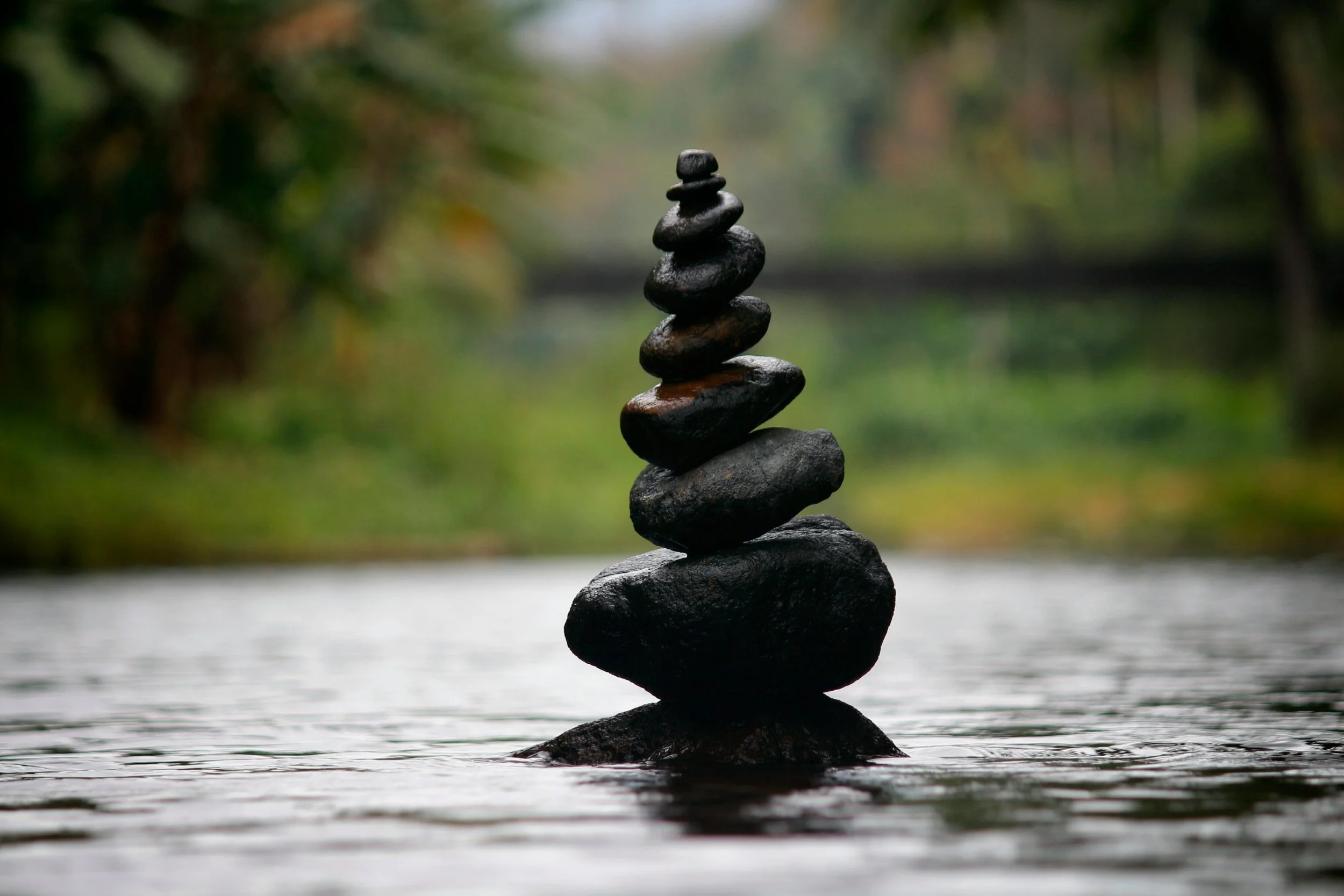 Stack of black stones balanced in a tower on a rock in a body of water, with a blurred green and brown background.