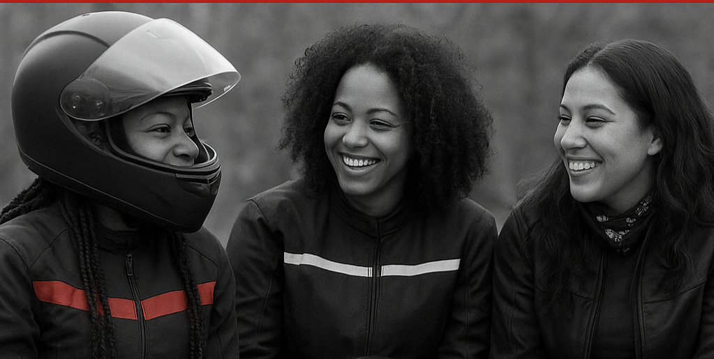 Three women smiling and talking outdoors, one wearing a motorcycle helmet, black jackets, and casual attire.