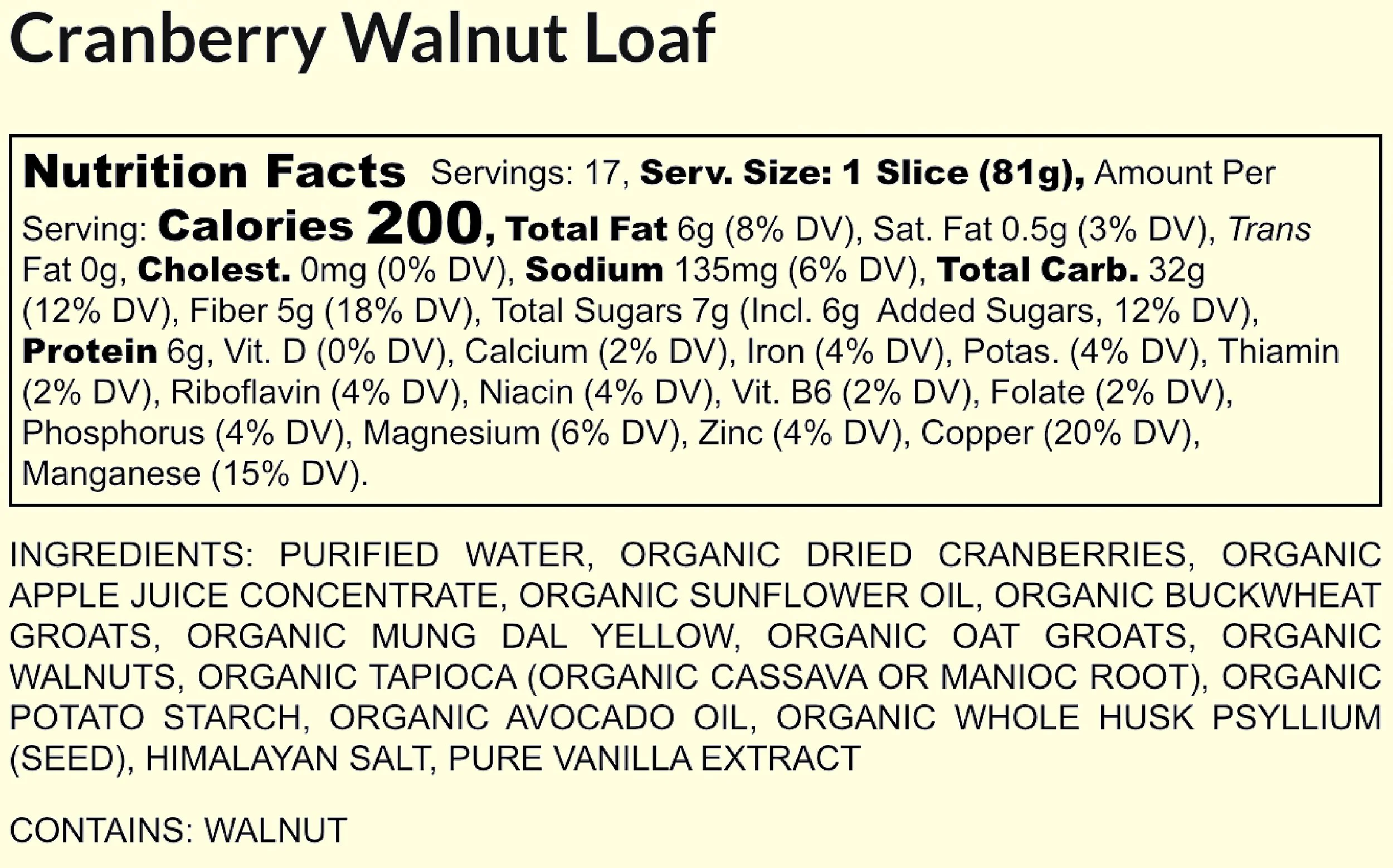 Nutrition facts and ingredients list for cranberry walnut loaf on light yellow background.