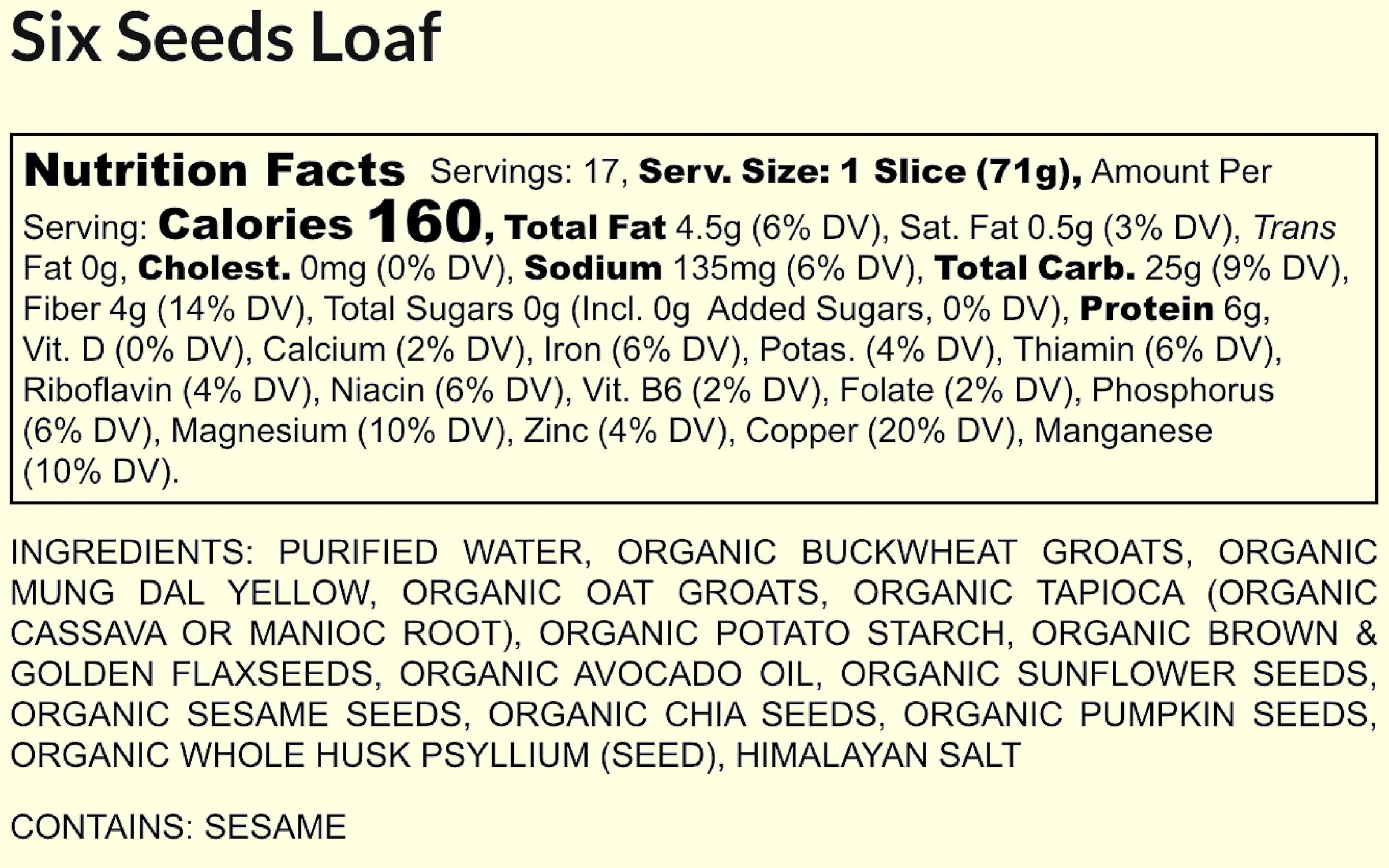 Label for Six Seeds Loaf showing nutrition facts and ingredients list with a light background.