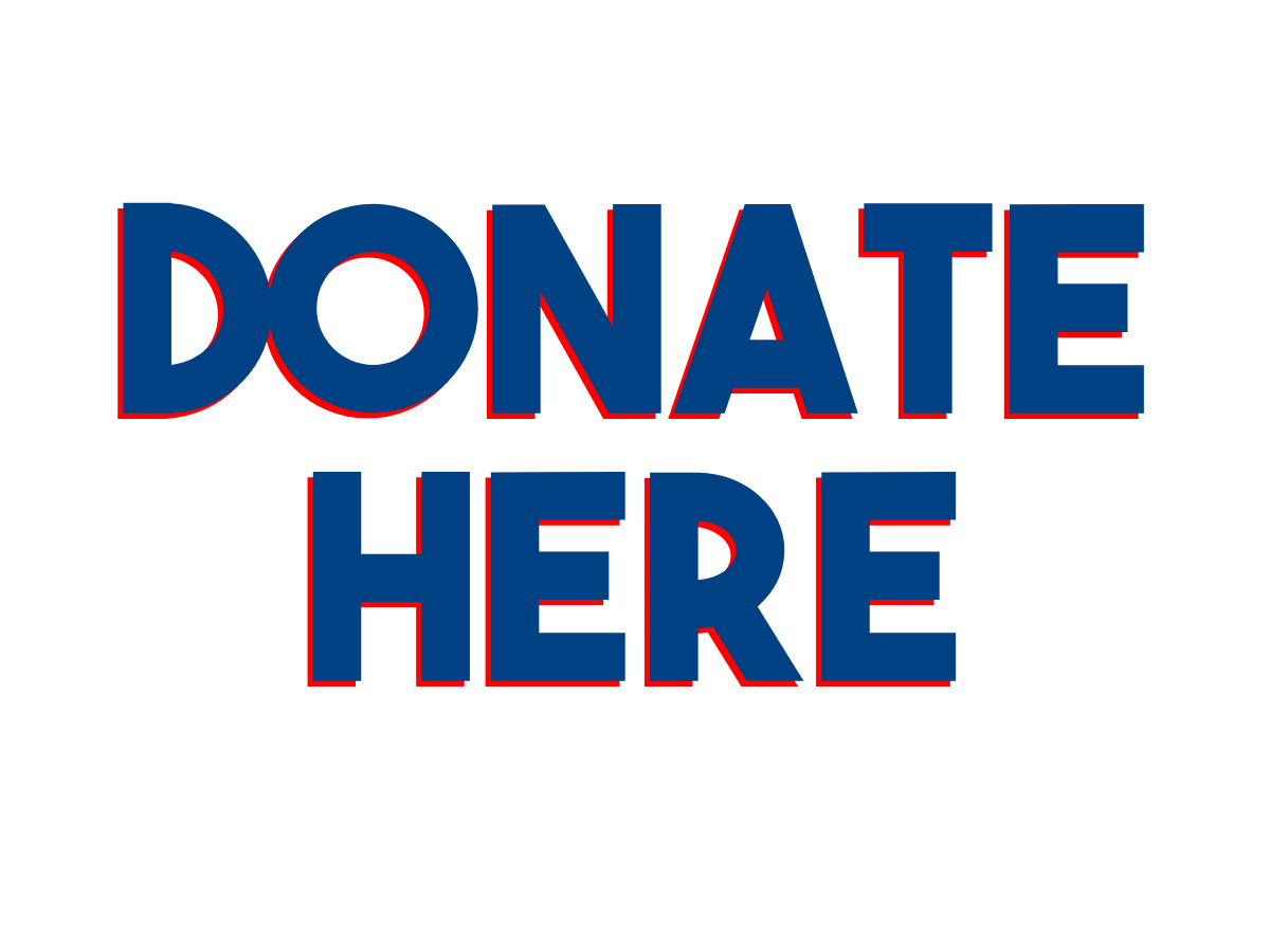 A digital graphic with the words 'DONATE HERE' in large blue letters outlined in red, on a black background.