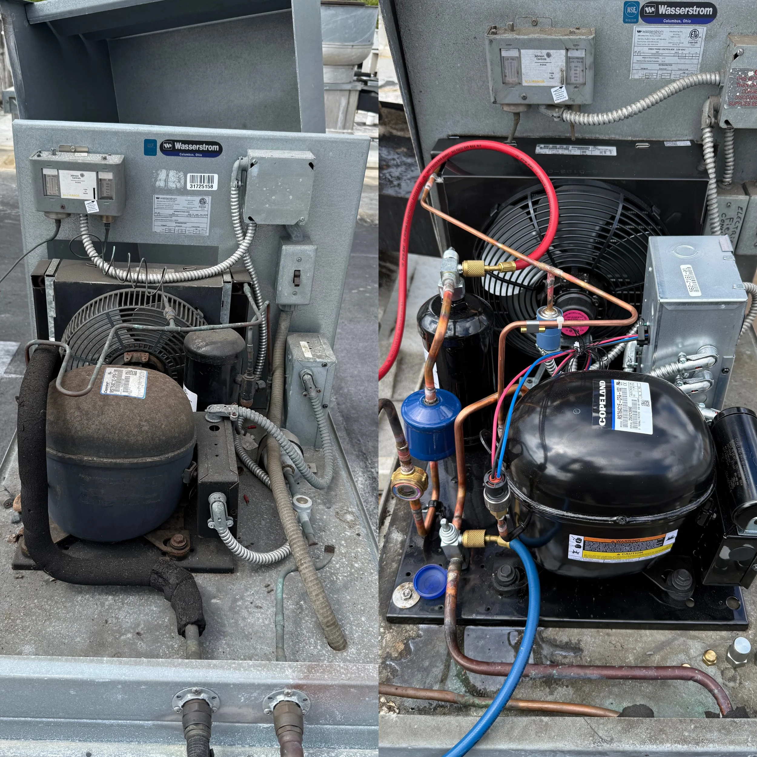 Before and After of Compressor replacement and electrical reconnection for an HVAC system in Miami, FL. Ensured optimal cooling performance and energy efficiency after the repair.