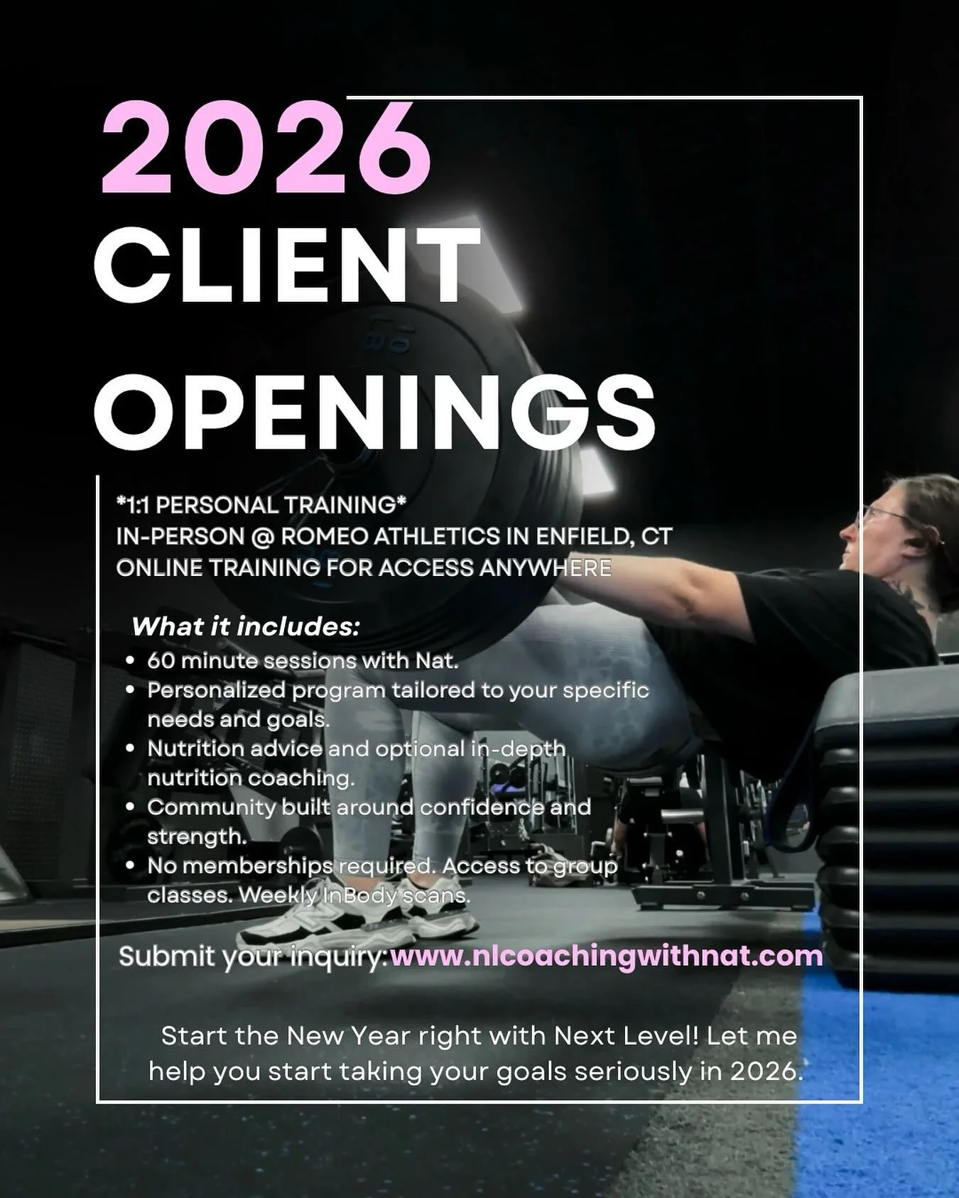 🚨🚨BIG NEWS🚨🚨
Opening new client spots for 2026!! Super excited to open the opportunity to help more people run towards to their goals this year. I work with clients with all types of backgrounds: gym newbies looking for guidance, seasoned gym goe