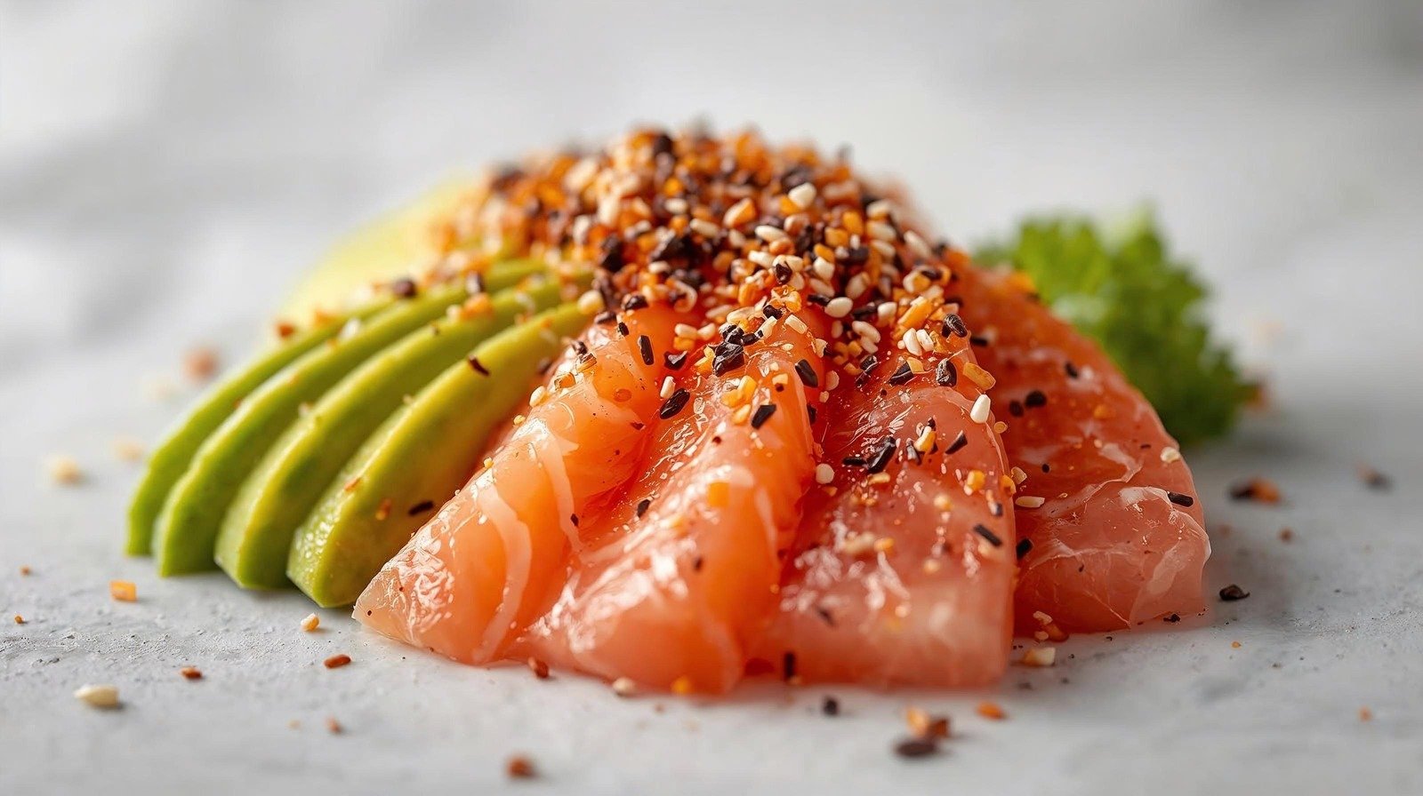 Slices of raw salmon topped with crushed spices and sliced avocado on a white surface.