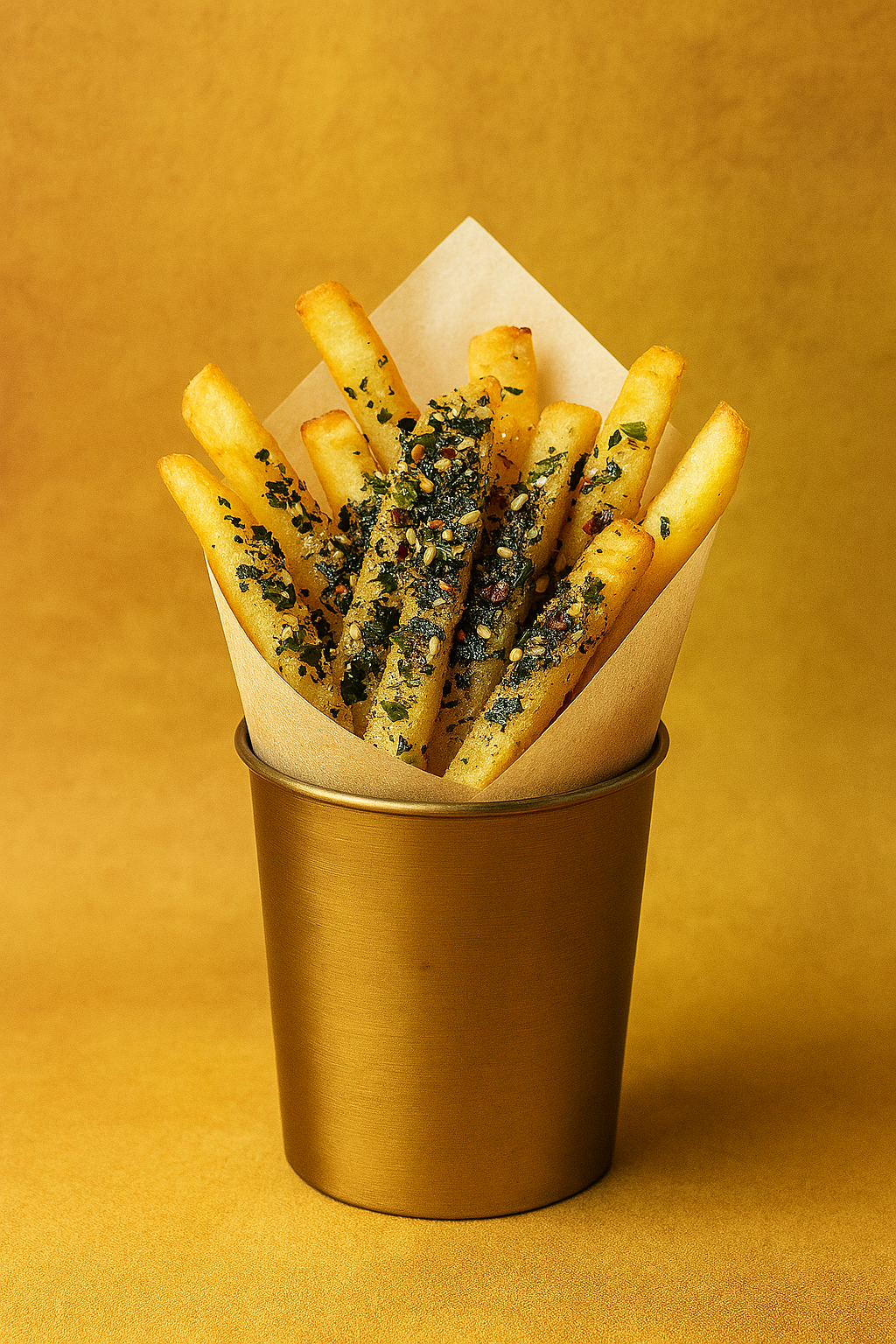 French fries topped with herbs and sesame seeds, served in a metallic cup with parchment paper lining.