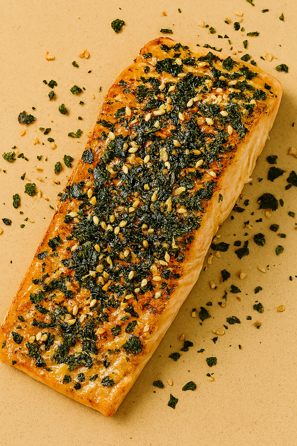 A baked salmon fillet topped with chopped herbs and sesame seeds, with scattered herbs and seeds on a beige surface.